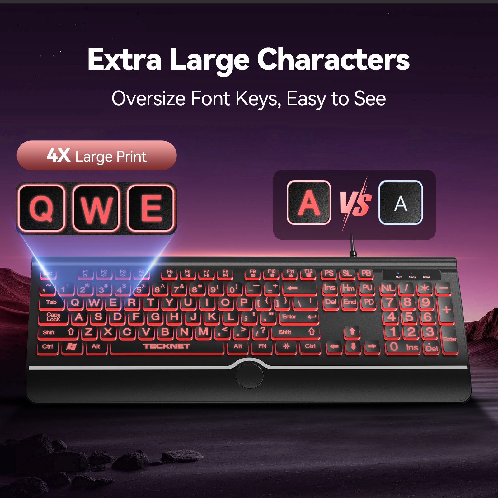 TECKNET Large Print Backlit Keyboard, Wired USB-A Computer Keyboard with Wrist Rest, 7-Color Backlit, Oversized Letter Keys Easy to See, Plug-and-Play, Silent, LED Compatible for Windows/PC/Laptop
