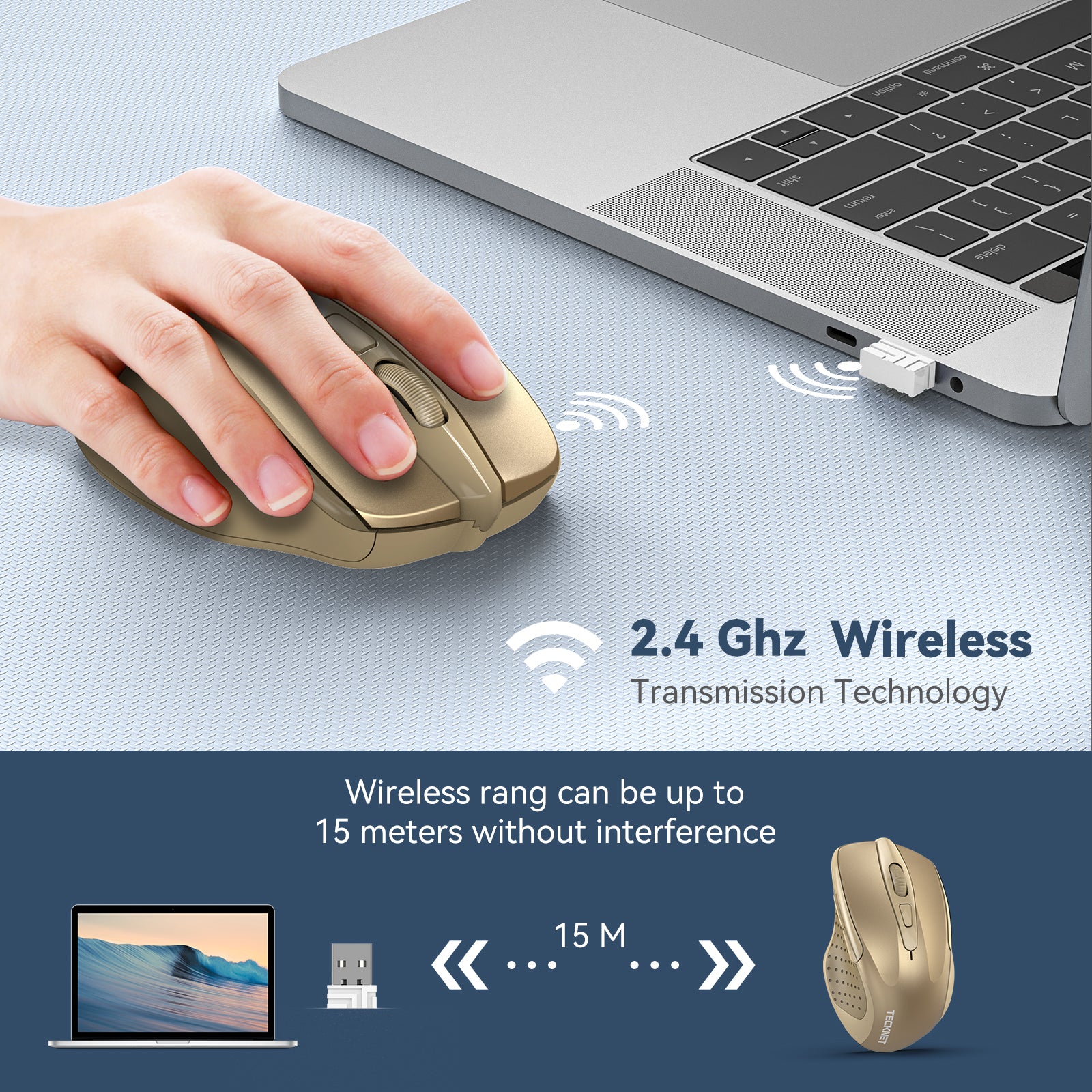 TECKNET Wireless Mouse, 2.4G Ergonomic Optical Mouse, Computer Mouse for Laptop, PC, Computer, Chromebook, Notebook, 6 Buttons, 24 Months Battery Life, 4000 DPI, 6 Adjustment Levels