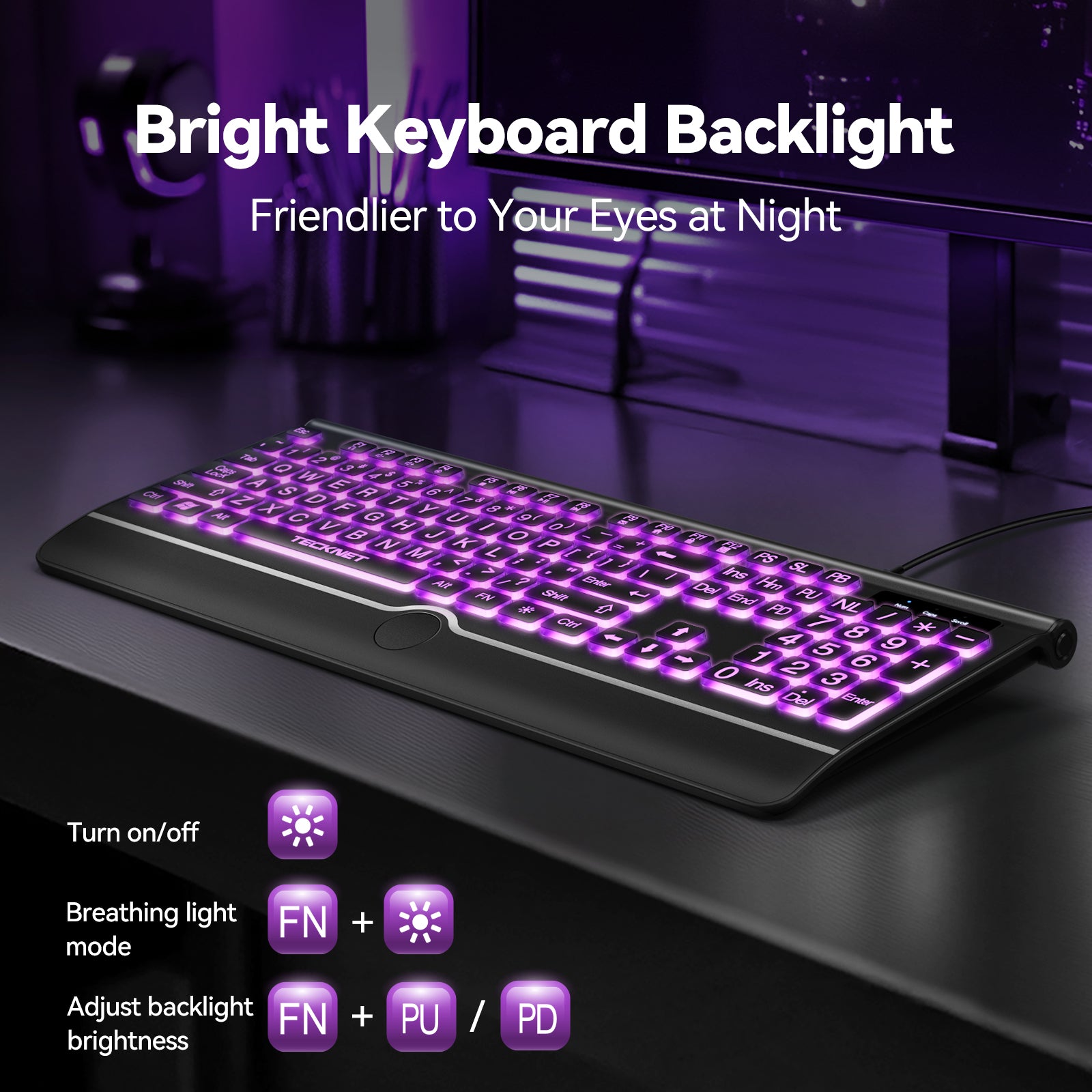 TECKNET Large Print Backlit Keyboard, Wired USB-A Computer Keyboard with Wrist Rest, 7-Color Backlit, Oversized Letter Keys Easy to See, Plug-and-Play, Silent, LED Compatible for Windows/PC/Laptop