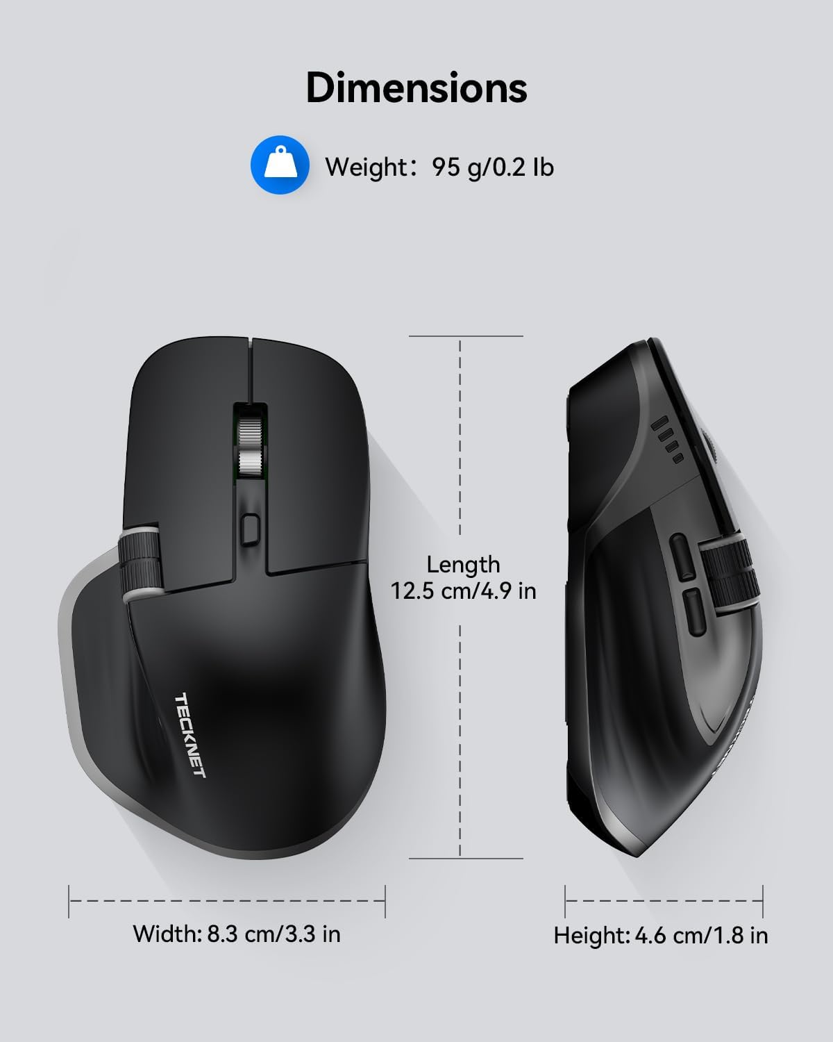 TECKNET Wireless Mouse, Bluetooth Mouse (BT5.0/5.0 & 2.4G) Rechargeable 4800 DPI Ergonomic Optical Mouse with 6 Adjustable