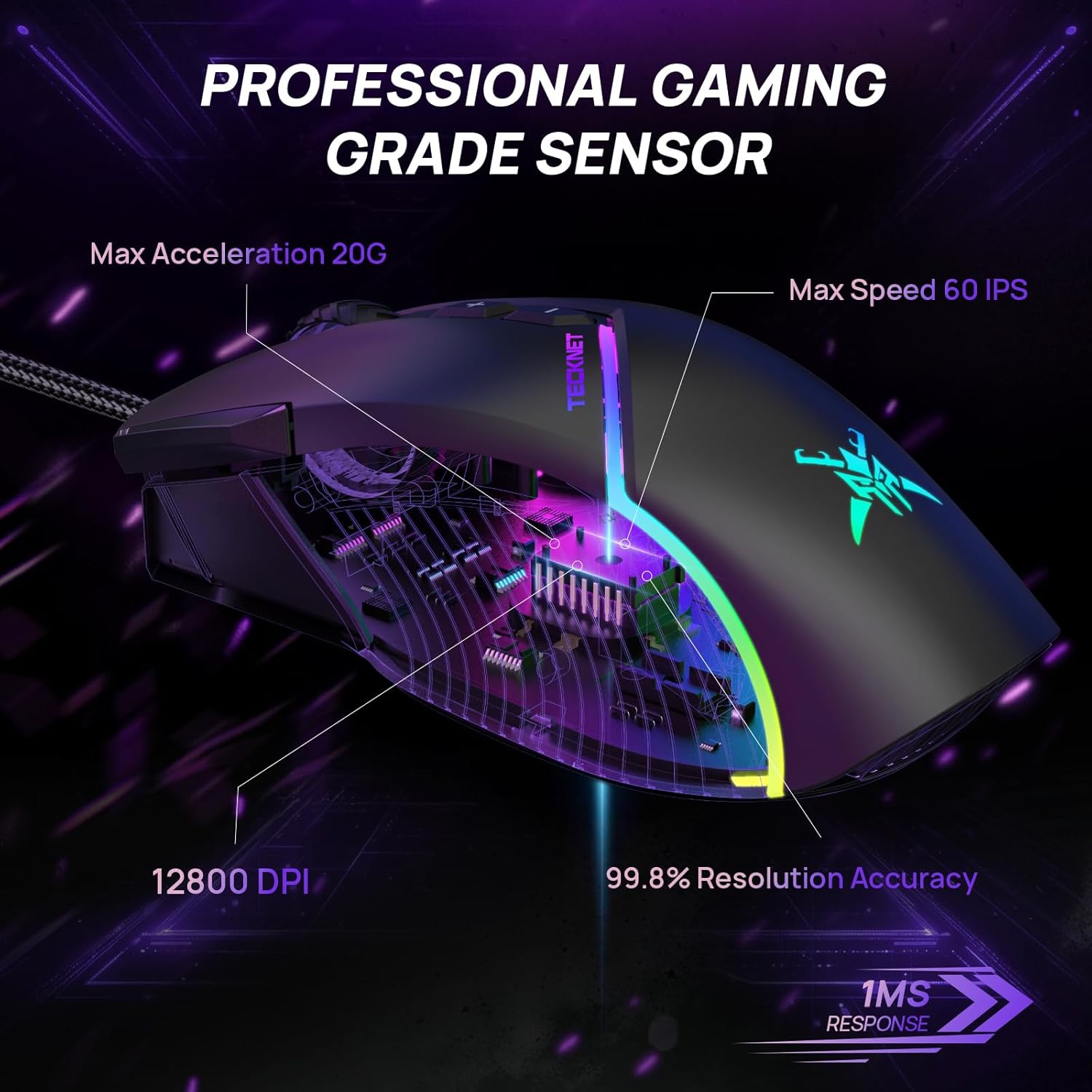 TECKNET Wired Gaming Mouse, 12,800 DPI with Optical Sensor, 8 Programmable Buttons