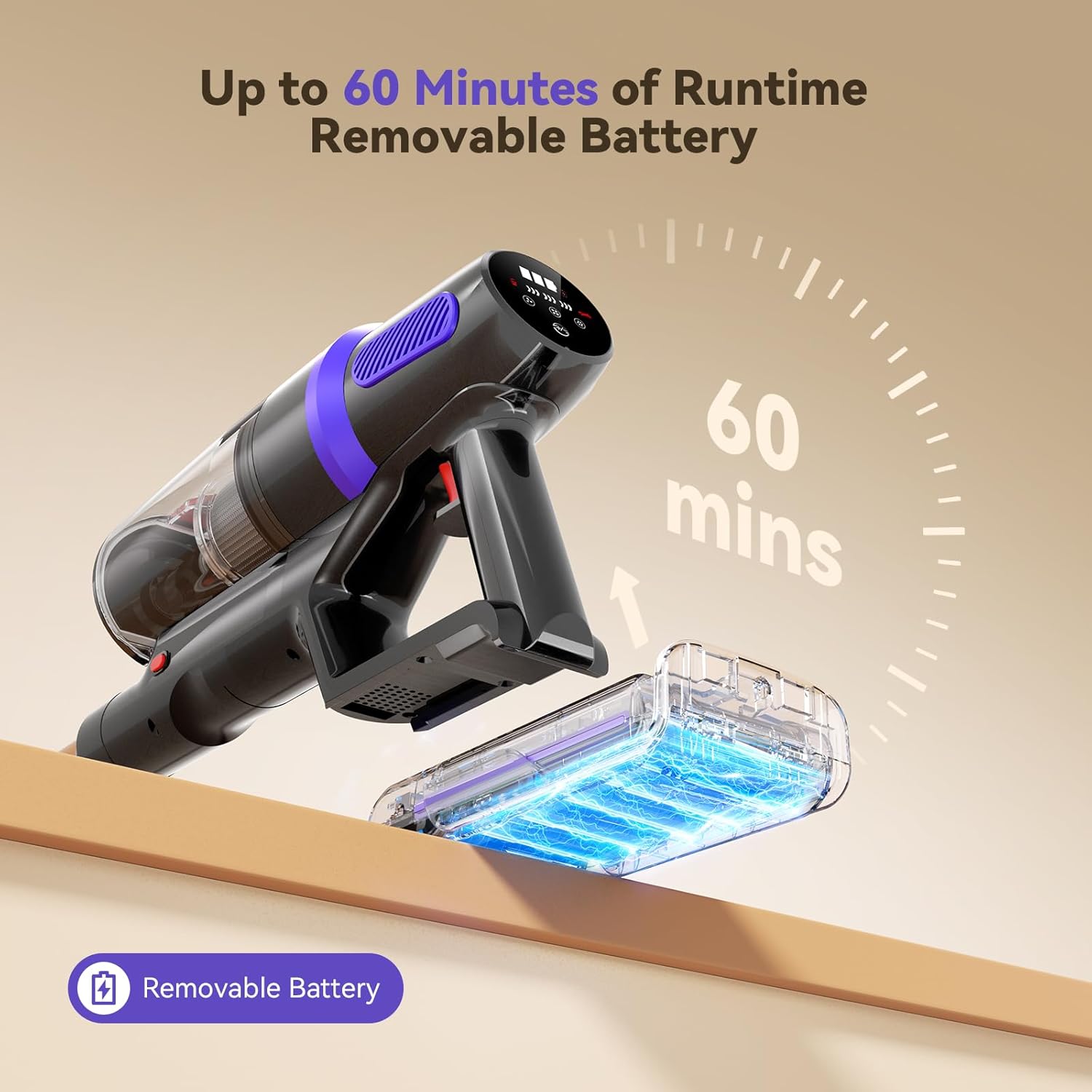 TechRise Cordless Vacuum Cleaner, 500W/45Kpa Stick Vacuum for Home, Anti-Tangle Brush & 8-in-1 Self-Standing, Up to 60Mins Runtime Lightweight with LED Display for Hardwood Floor,Carpet,Pet Hair
