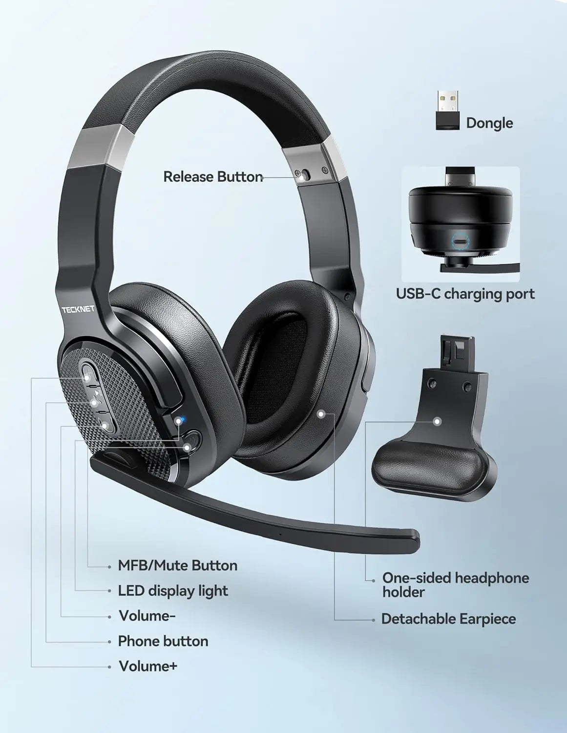 TECKNET Single and Dual Ear Bluetooth Trucker Headset