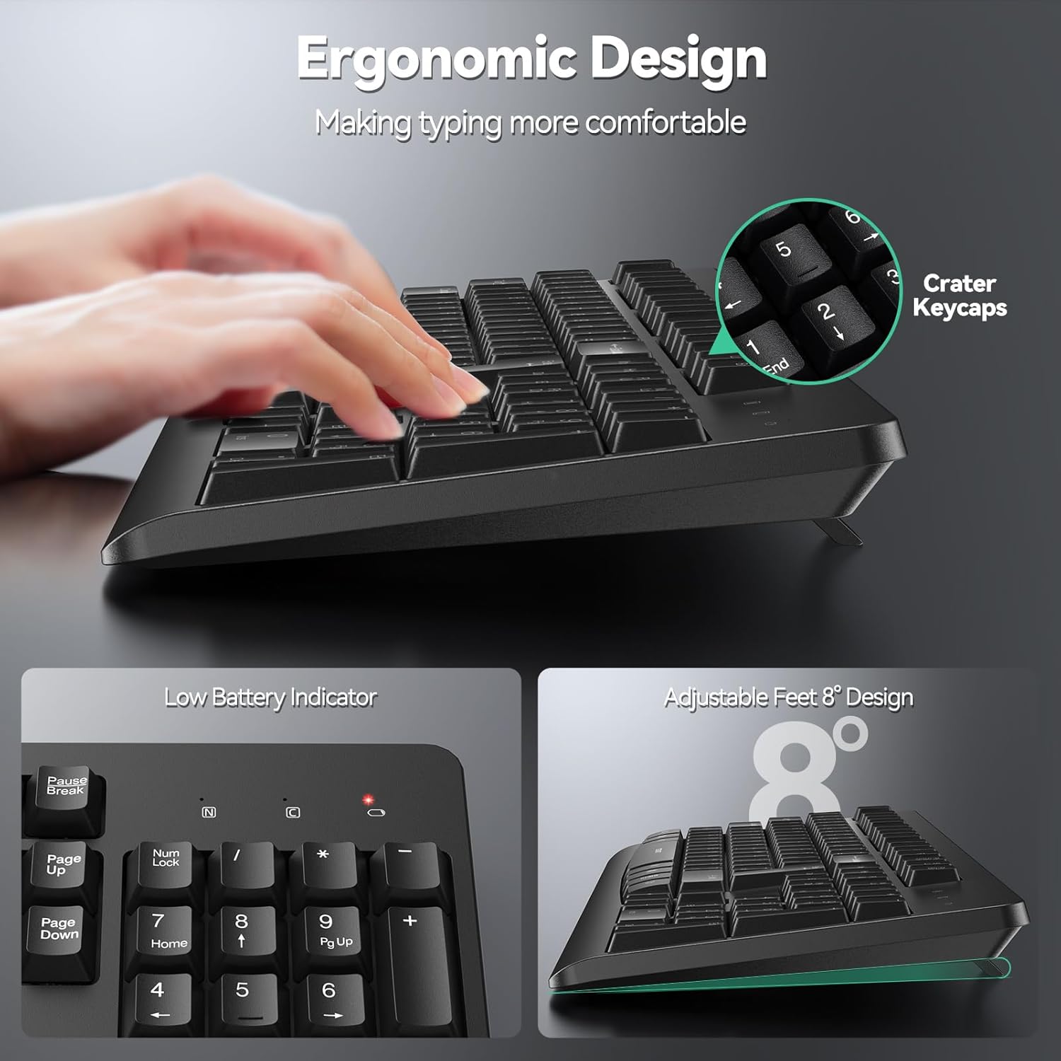 TECKNET Wireless Keyboard, 2.4G Silent Full-Size USB Keyboard with Number Pad, Ergonomic Keys & Adjustable Feet, Compatible with Laptop, PC, Desktop, Notebook, Windows 11/10/8/7 –Black