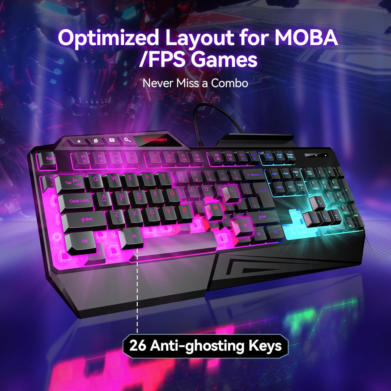 TECKNET Wired RGB Gaming Keyboard - 26-Key Anti-Ghosting