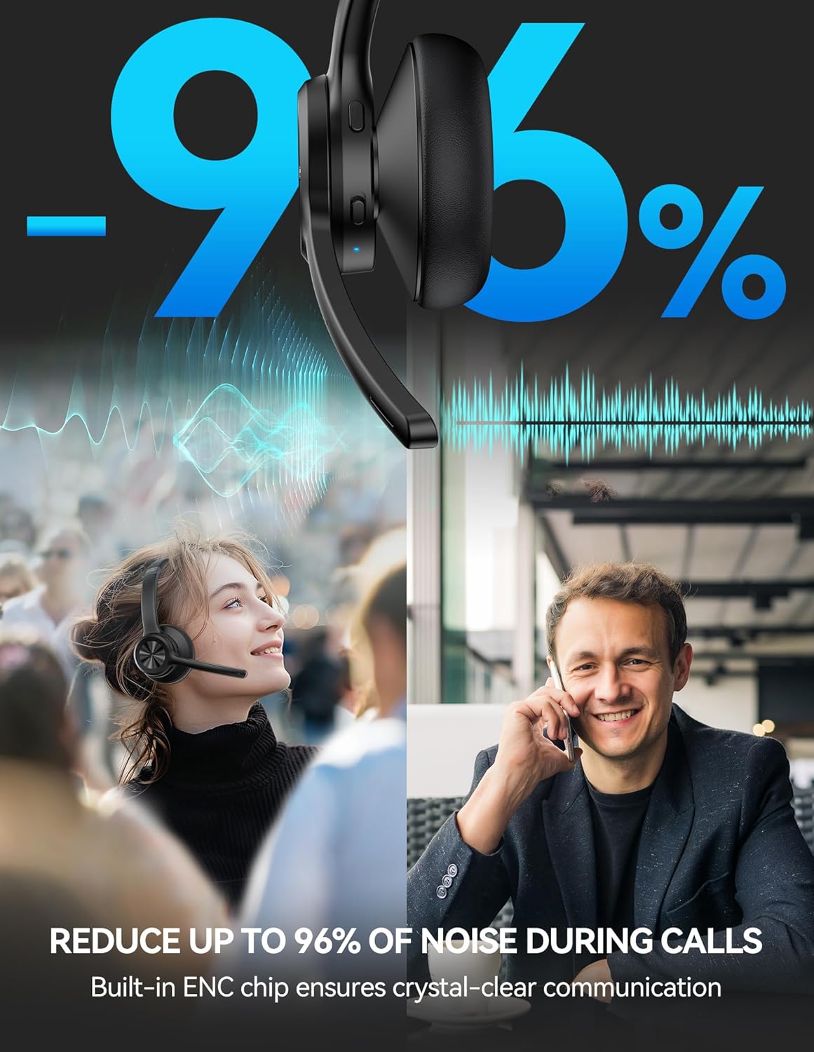 TECKNET Bluetooth Headset, USB Wireless Headset with Microphone Noise Canceling, 50H Playtime & Mute, Wireless Headphones with Mic BT 5.2 On-Ear Headphones for Trucker Cellphone Office Call Center