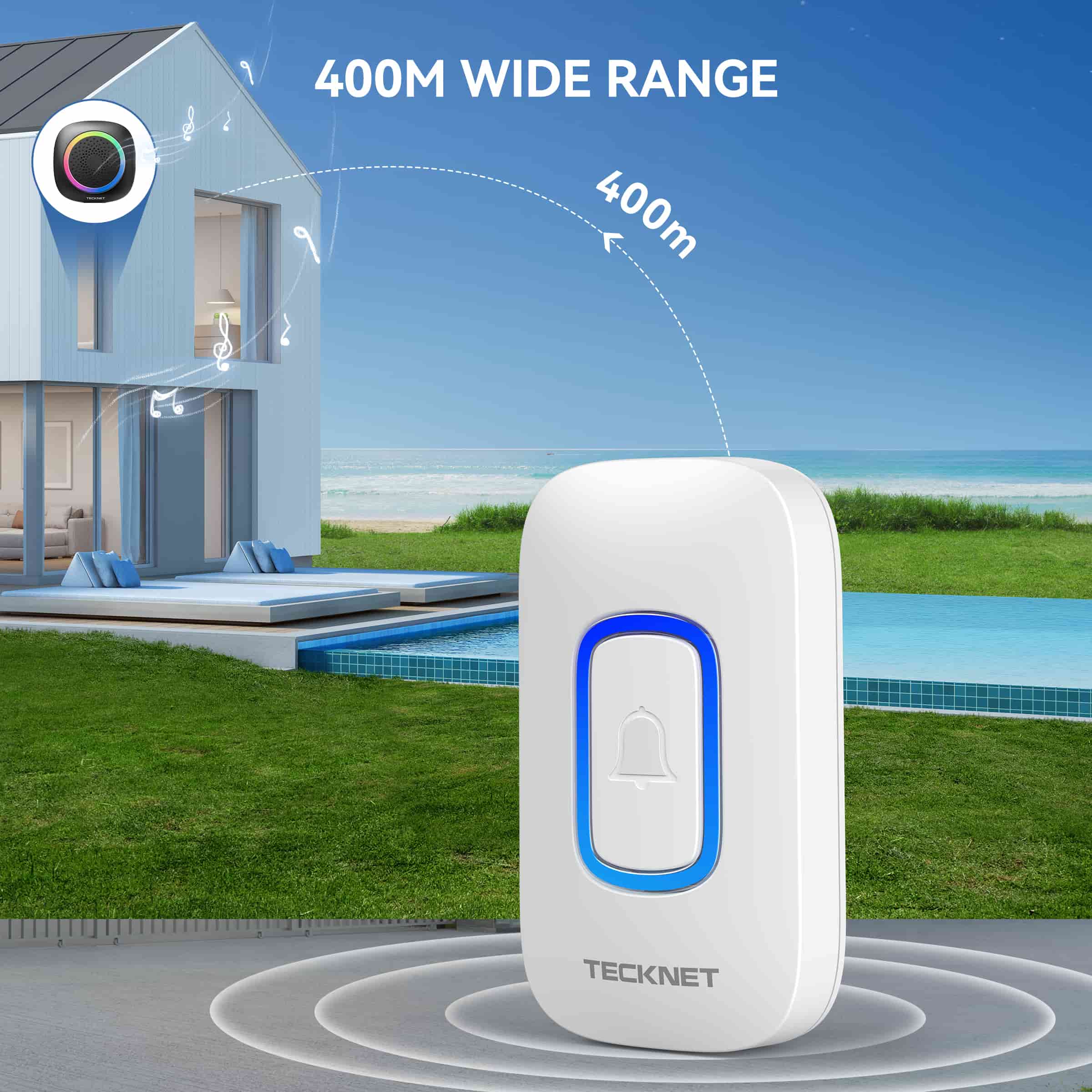 TECKNET  Battery Powered Wireless Doorbell With RGB Light