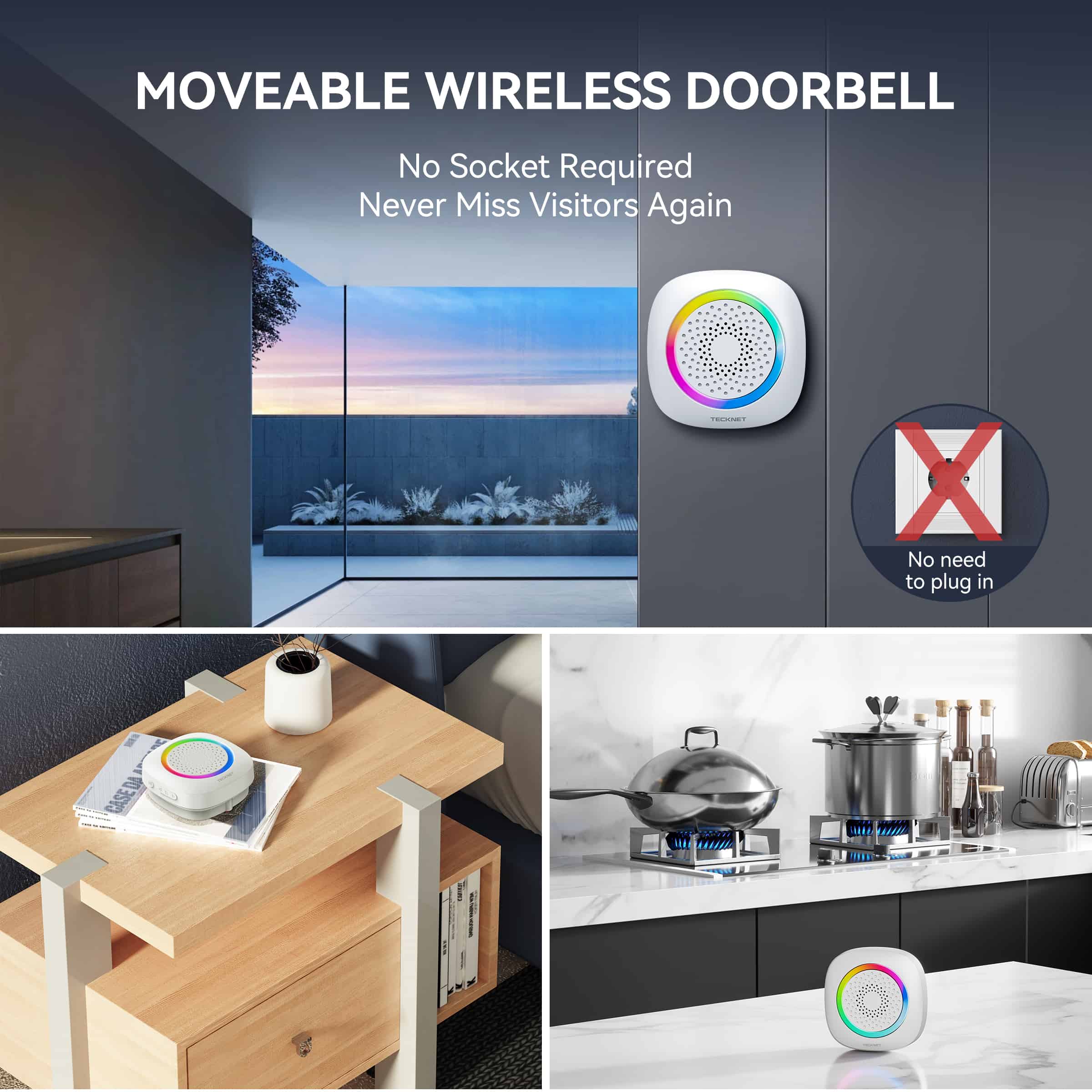 TECKNET  Battery Powered Wireless Doorbell With RGB Light