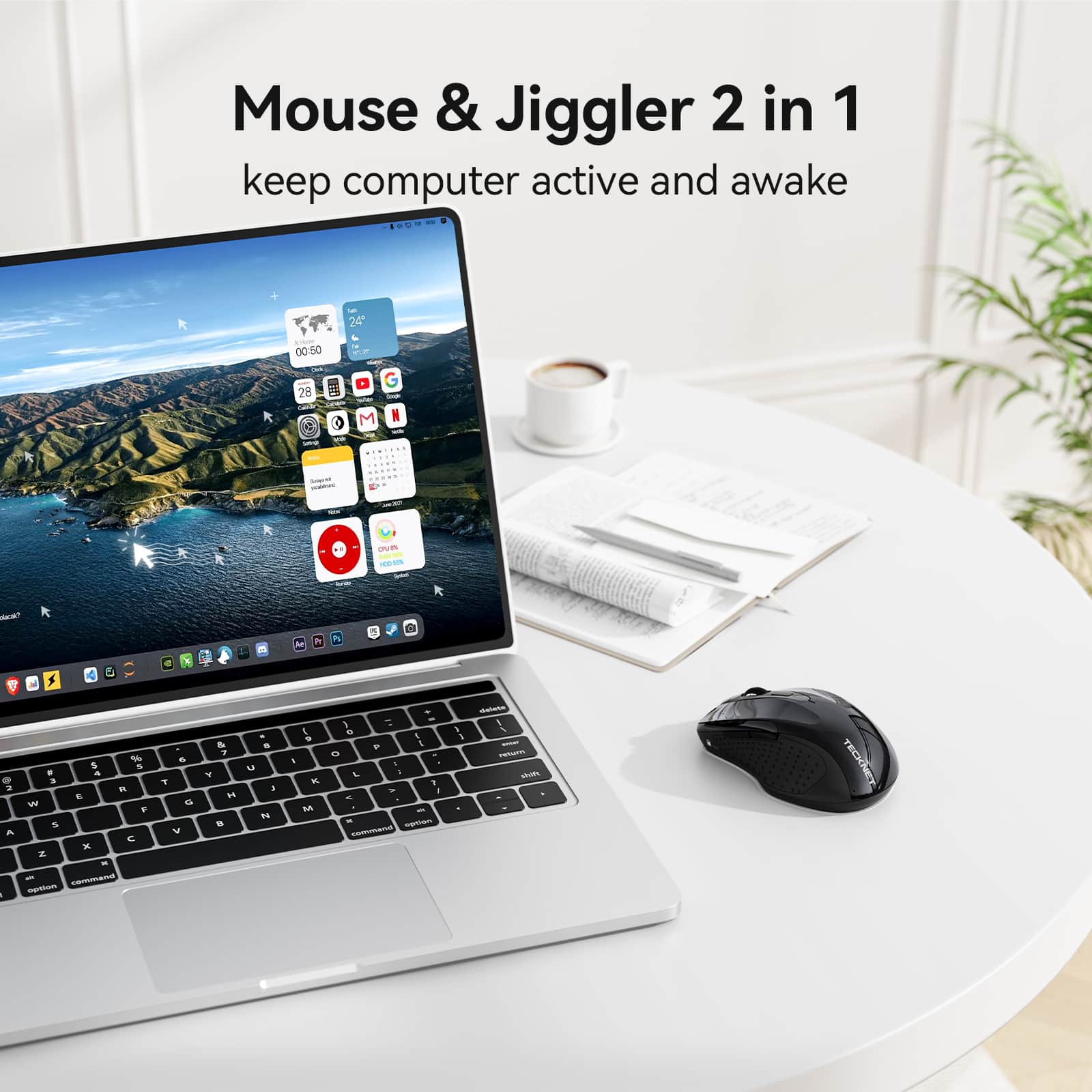 TECKNET Rechargeable Jiggler Wireless Mouse (BT5.0/3.0 & 2.4G) 4800 DPI Silent USB A & Bluetooth Mouse 6 Buttons