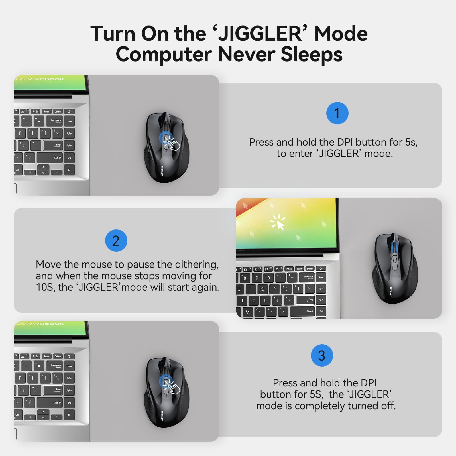TECKNET Rechargeable Jiggler Wireless Mouse (BT5.0/3.0 & 2.4G) 4800 DPI Silent USB A & Bluetooth Mouse 6 Buttons