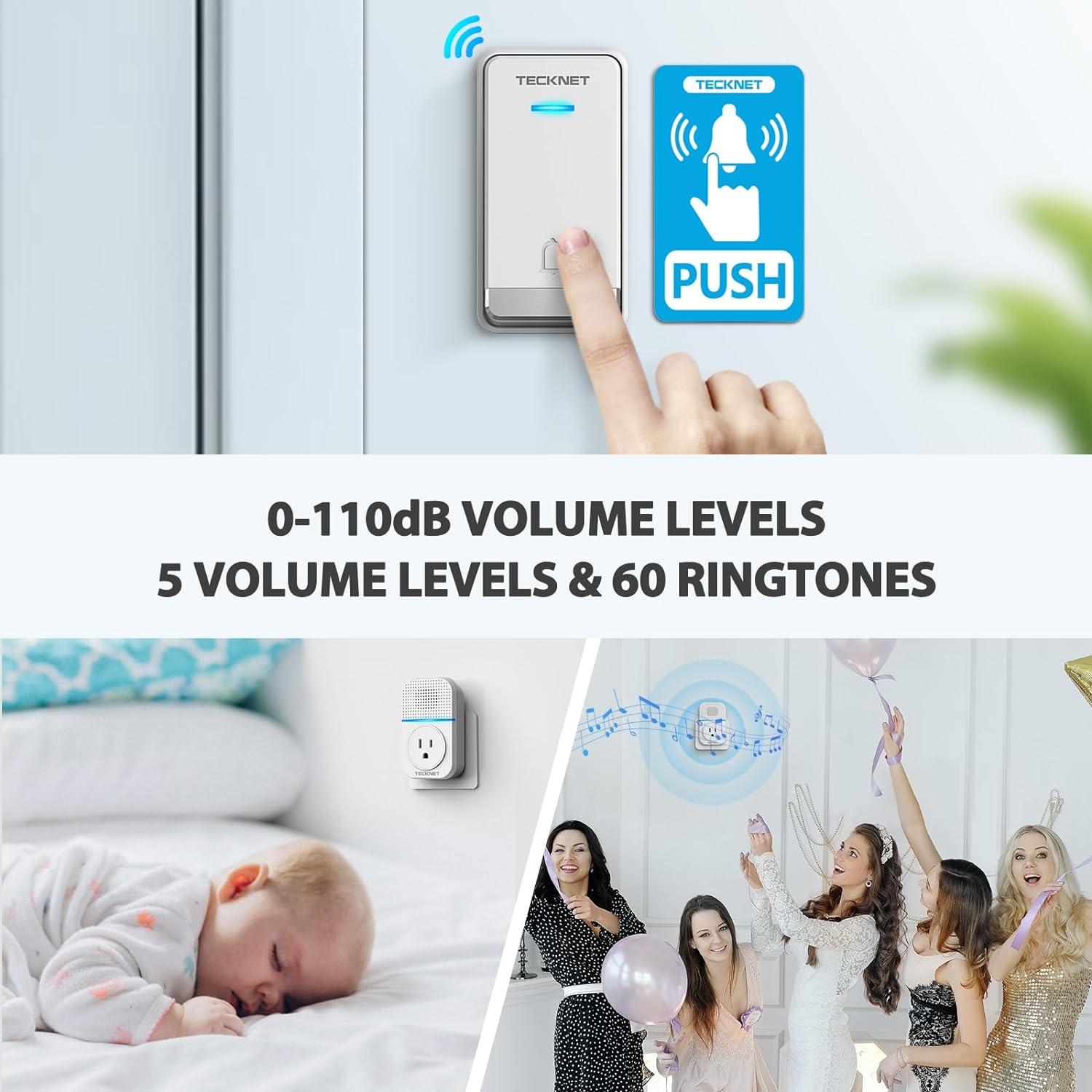 TECKNET Waterproof No Battery Needed Wireless Doorbell Chimes