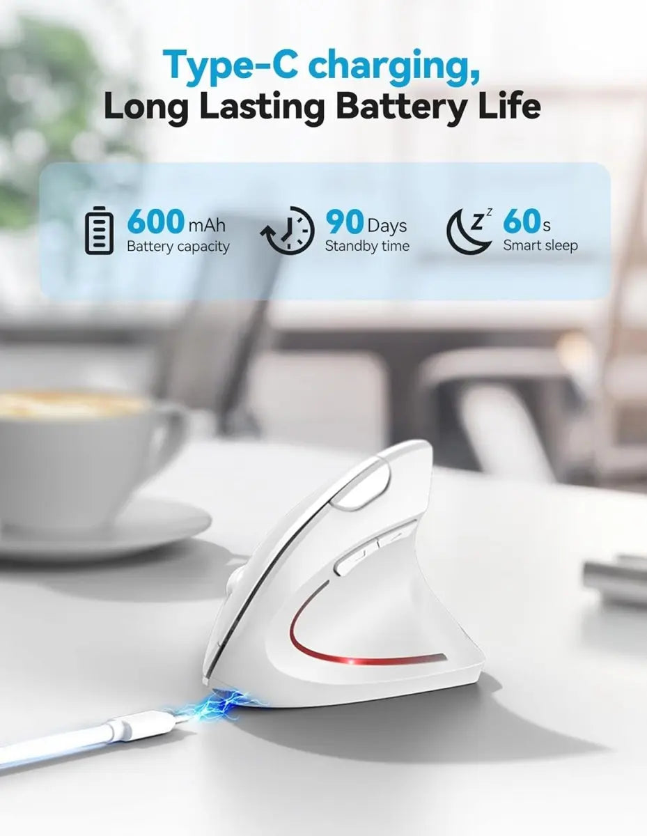 TECKNET Ergonomic Mouse, Rechargeable 2.4G+Bluetooth Vertical Mice 6 DPI Adjustable, Wireless Optical Carpal Tunnel Mouse Right Hand, Multi Device for Laptop, PC, Computer, MacBook, iPad - White