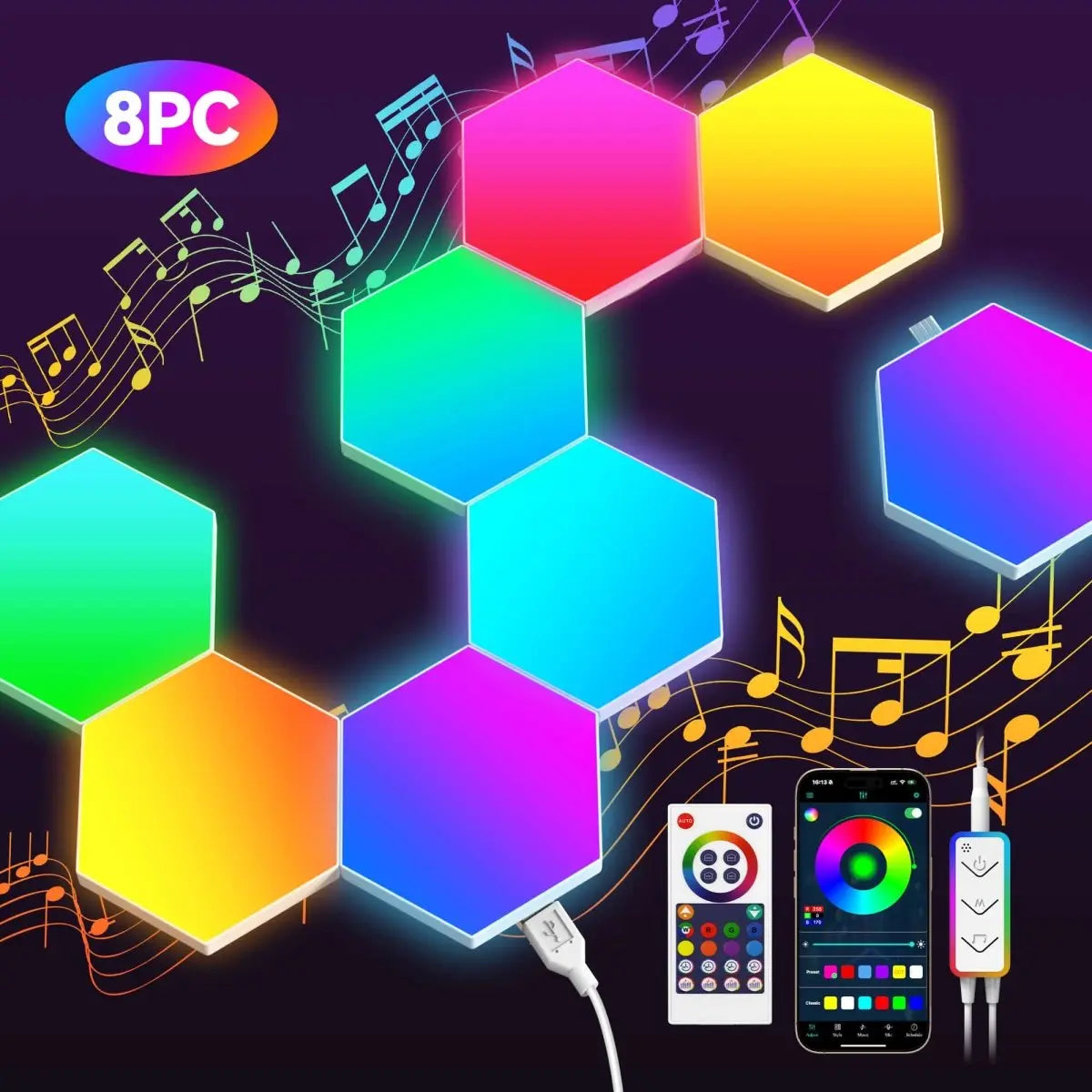 TECKNET Hexagon LED Lights,8 Pack RGB Gaming Hex Wall Light Panels Sync to Music,Smart Lights with APP & Remote & Wired Control