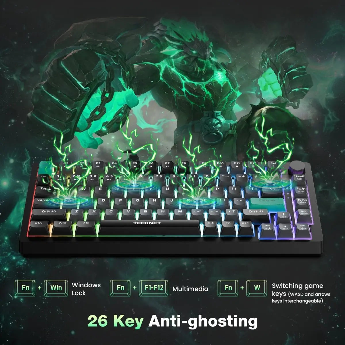 TECKNET RGB Gaming Keyboard,Compact 83 Keys Wired Keyboard with Volumn Knob