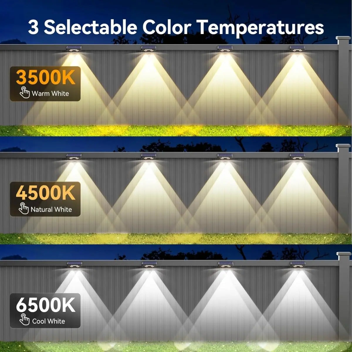 TECKNET Solar Fence Lights Outdoor 3 Modes 3500K/4500K/6500K