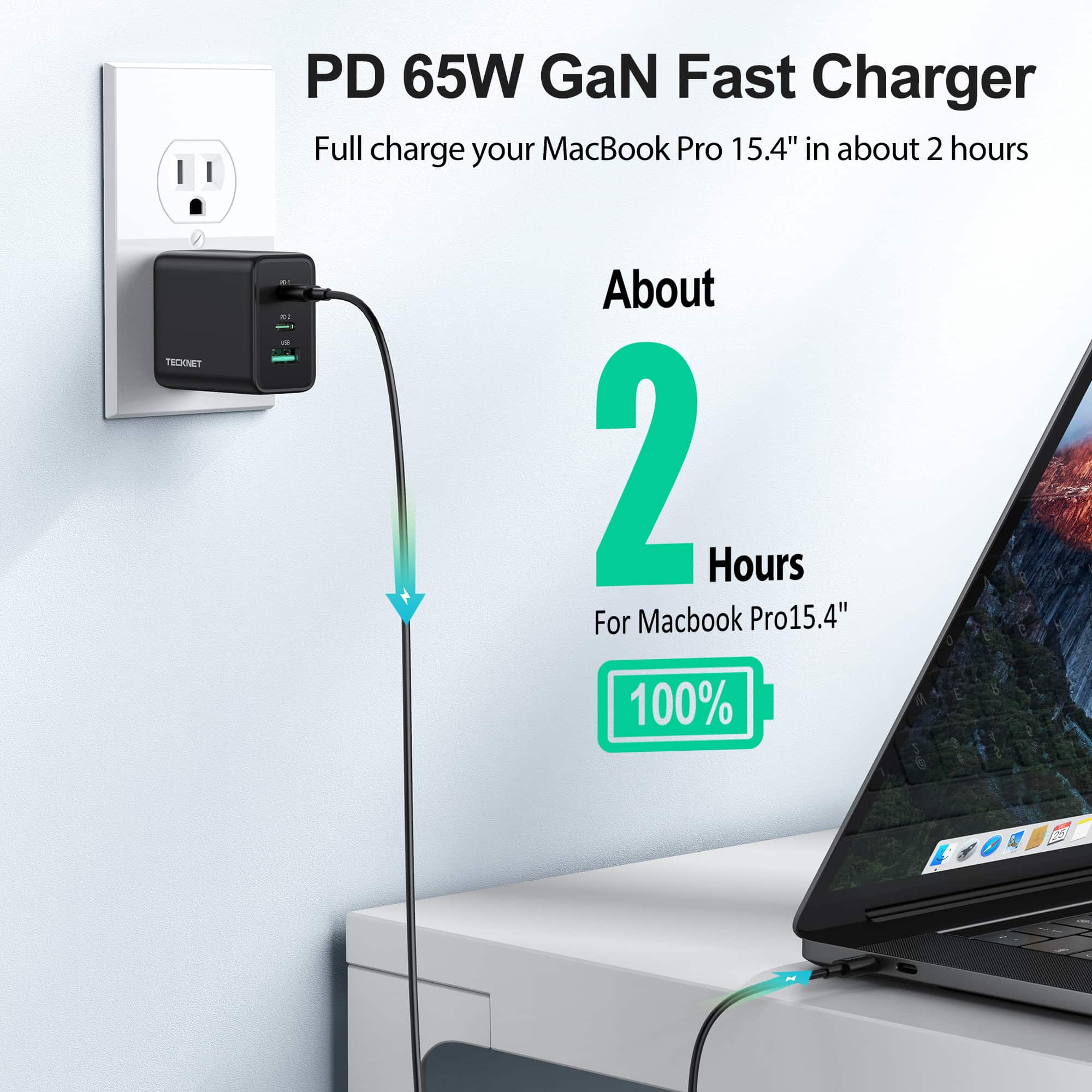 TECKNET 65W 3-Port USB C  GaN Fast Charger