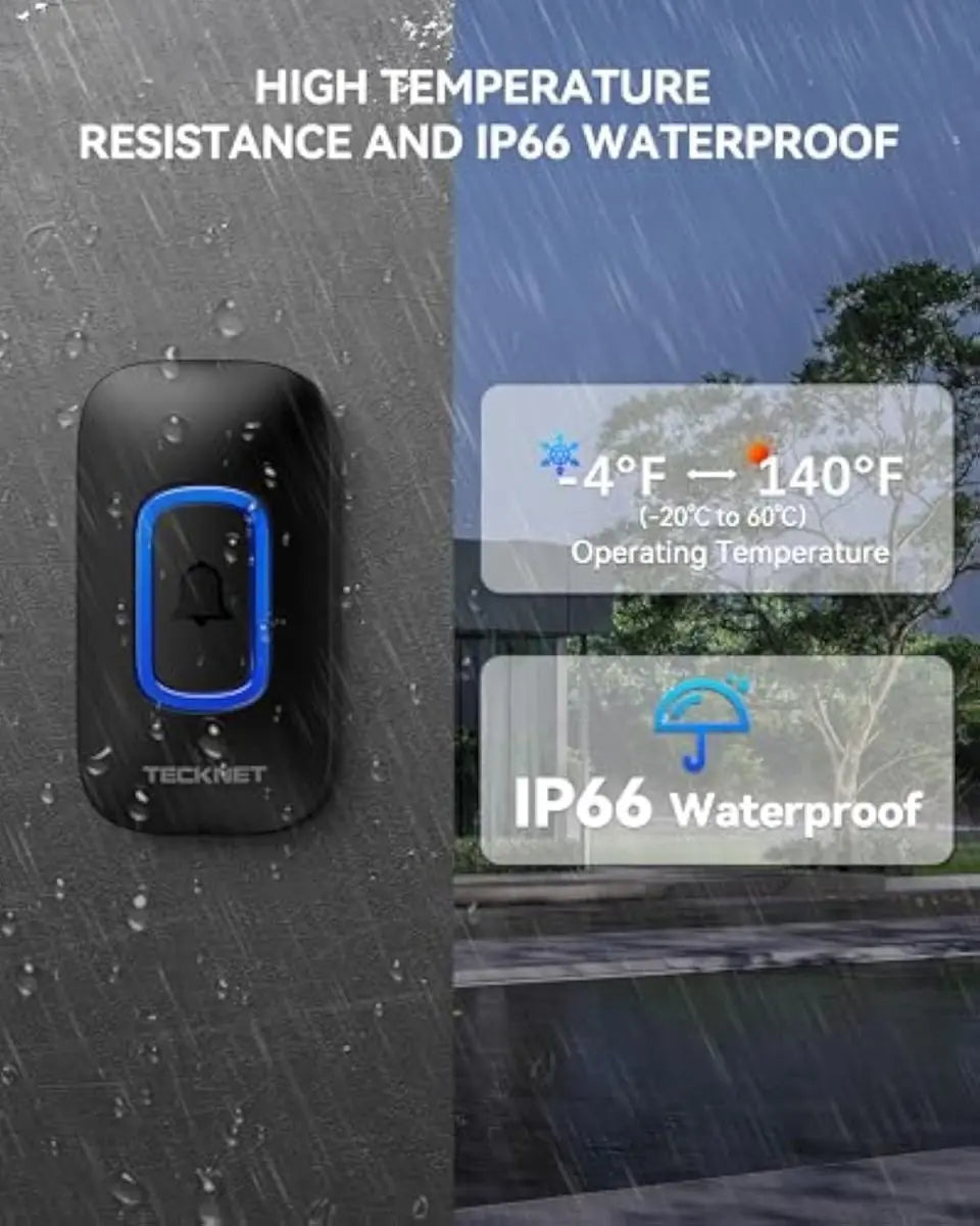 TECKNET Wireless Doorbell with 2 Portable Receivers, Battery Powered Doorbell with RGB Light, IP66 Waterproof Door Chime Kit, 1300ft Wireless Range, 0-110dB & 60 Chimes, 36-Month Long Battery Life