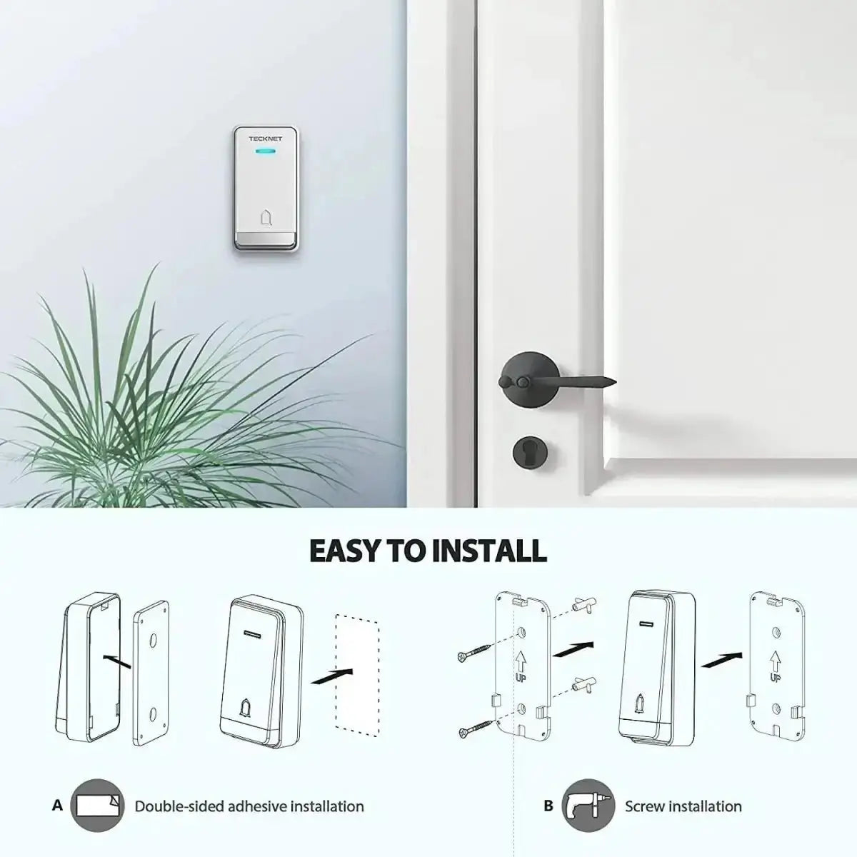 TECKNET Wireless Self-Powered Doorbell with Extra Socket
