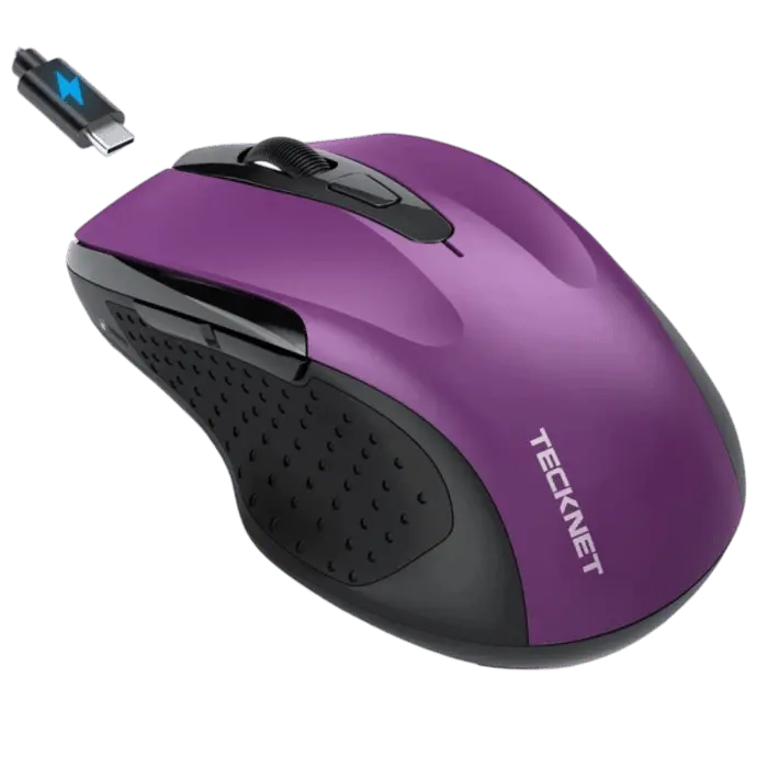 TECKNET rechargeable jiggler wireless mouse with dual bluetooth and 2.4G connectivity. Features 4800 DPI silent tracking and 6 buttons for laptop or PC setup.