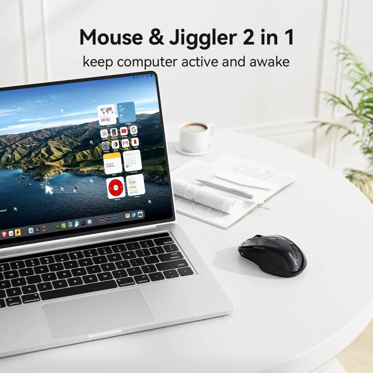 TECKNET rechargeable jiggler wireless mouse with dual bluetooth and 2.4G connectivity. Features 4800 DPI silent tracking and 6 buttons for laptop or PC setup.