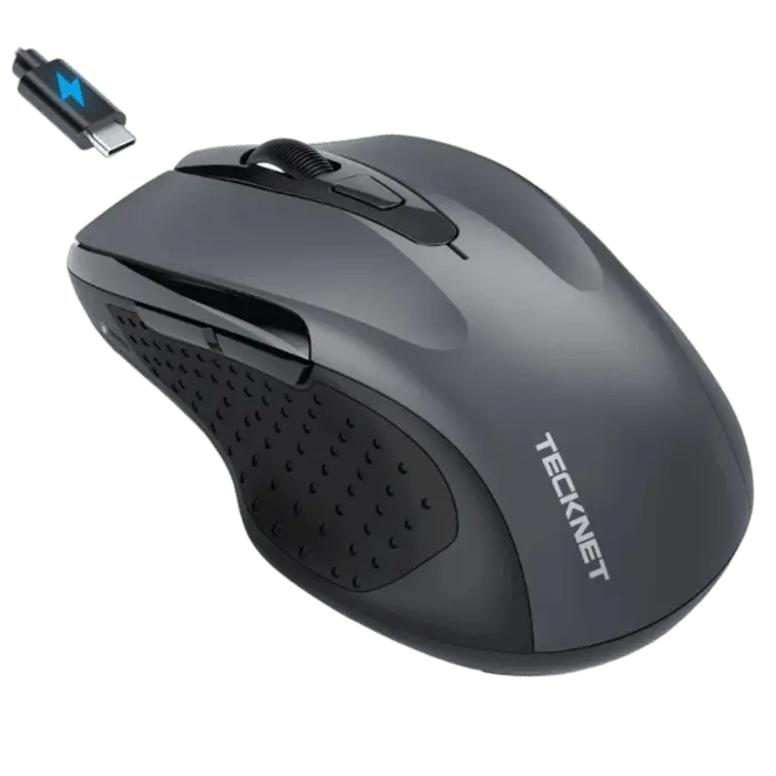 TECKNET rechargeable jiggler wireless mouse with dual bluetooth and 2.4G connectivity. Features 4800 DPI silent tracking and 6 buttons for laptop or PC setup.