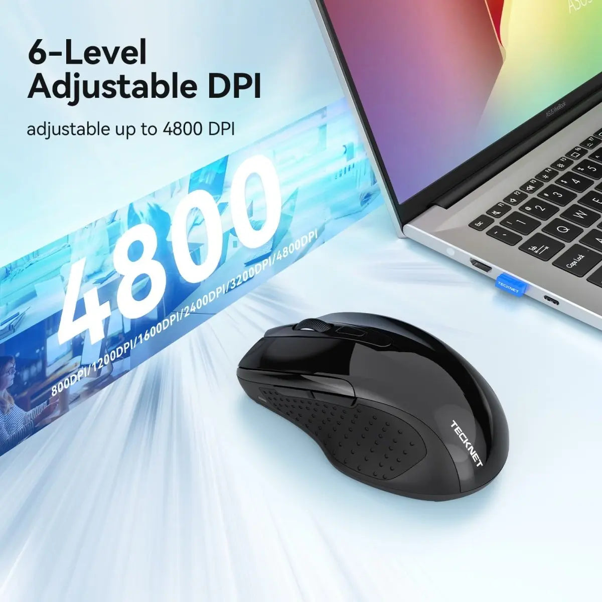 TECKNET rechargeable jiggler wireless mouse with dual bluetooth and 2.4G connectivity. Features 4800 DPI silent tracking and 6 buttons for laptop or PC setup.