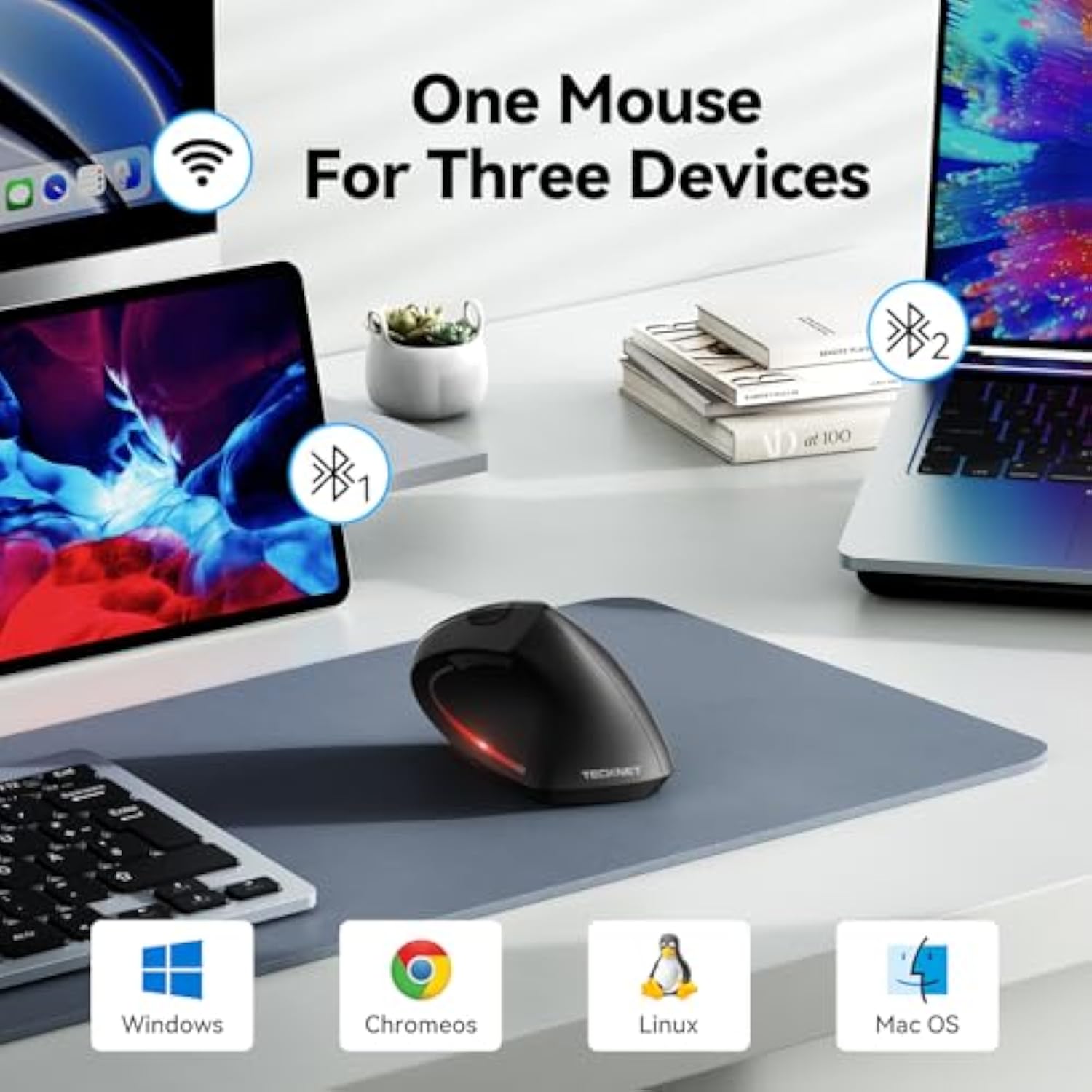 TECKNET Ergonomic Mouse, Wireless Bluetooth Vertical Mouse, 4800 DPI Optical Tracking, 6 Adjustable DPI, Quiet Clicks, 2.4GHz with USB A Receiver, 12 Months Battery, 6 Buttons, Wide Compatibility