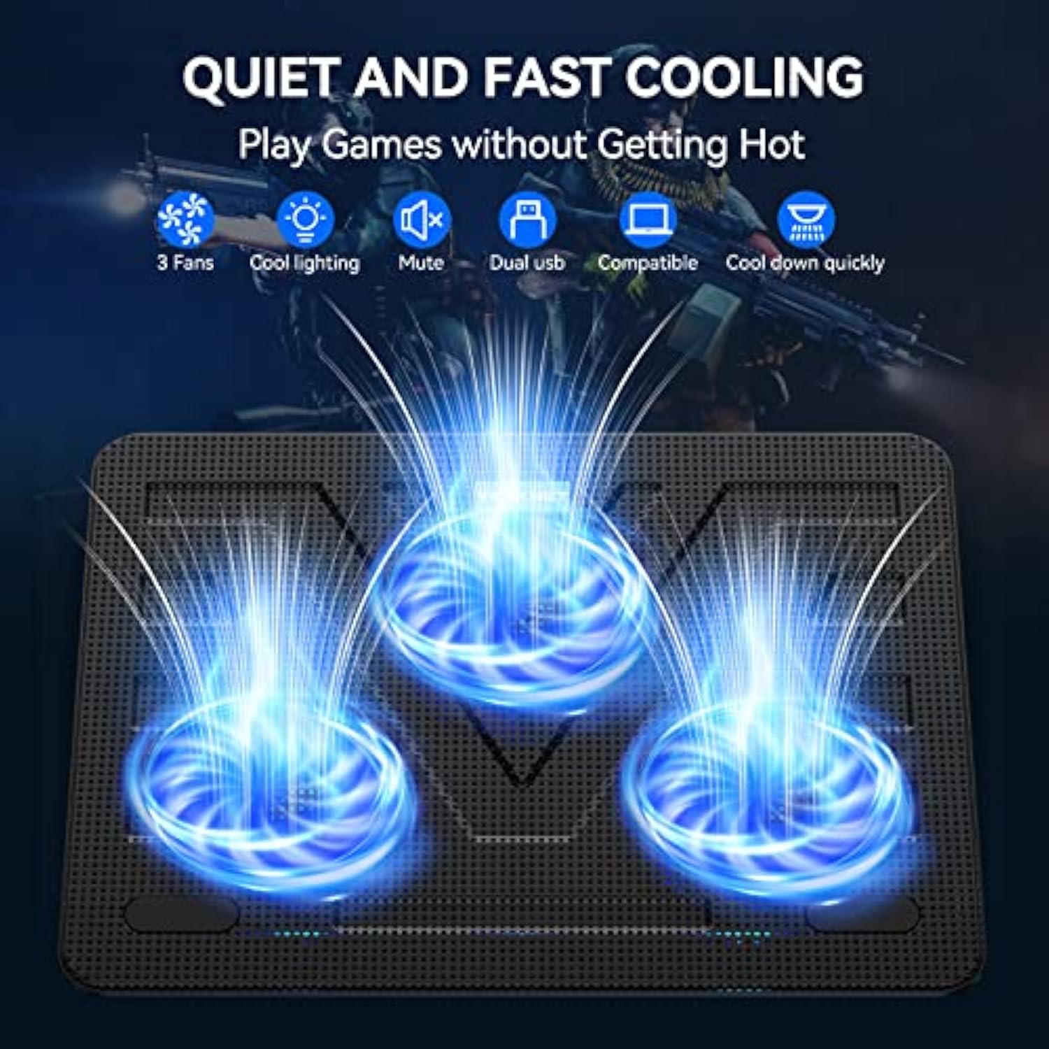 TECKNET Laptop Cooling Pad, Portable Slim Quiet USB Powered Laptop Notebook Cooler Cooling Pad Stand Chill Mat with 3 Blue LED Fans, Fits 12-17 Inches