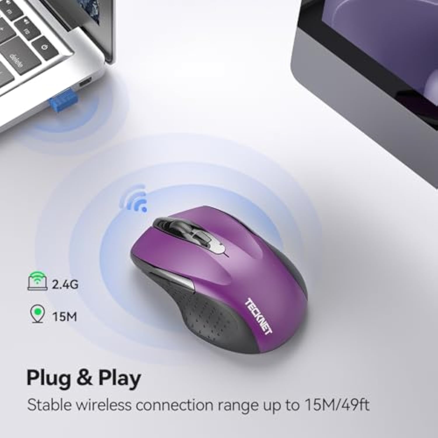 TECKNET Wireless Mouse, 2.4G Ergonomic Optical Mouse, Computer Mouse for Laptop, PC, Computer, Chromebook, Notebook, 6 Buttons, 24 Months Battery Life, 2600 DPI, 5 Adjustment Levels