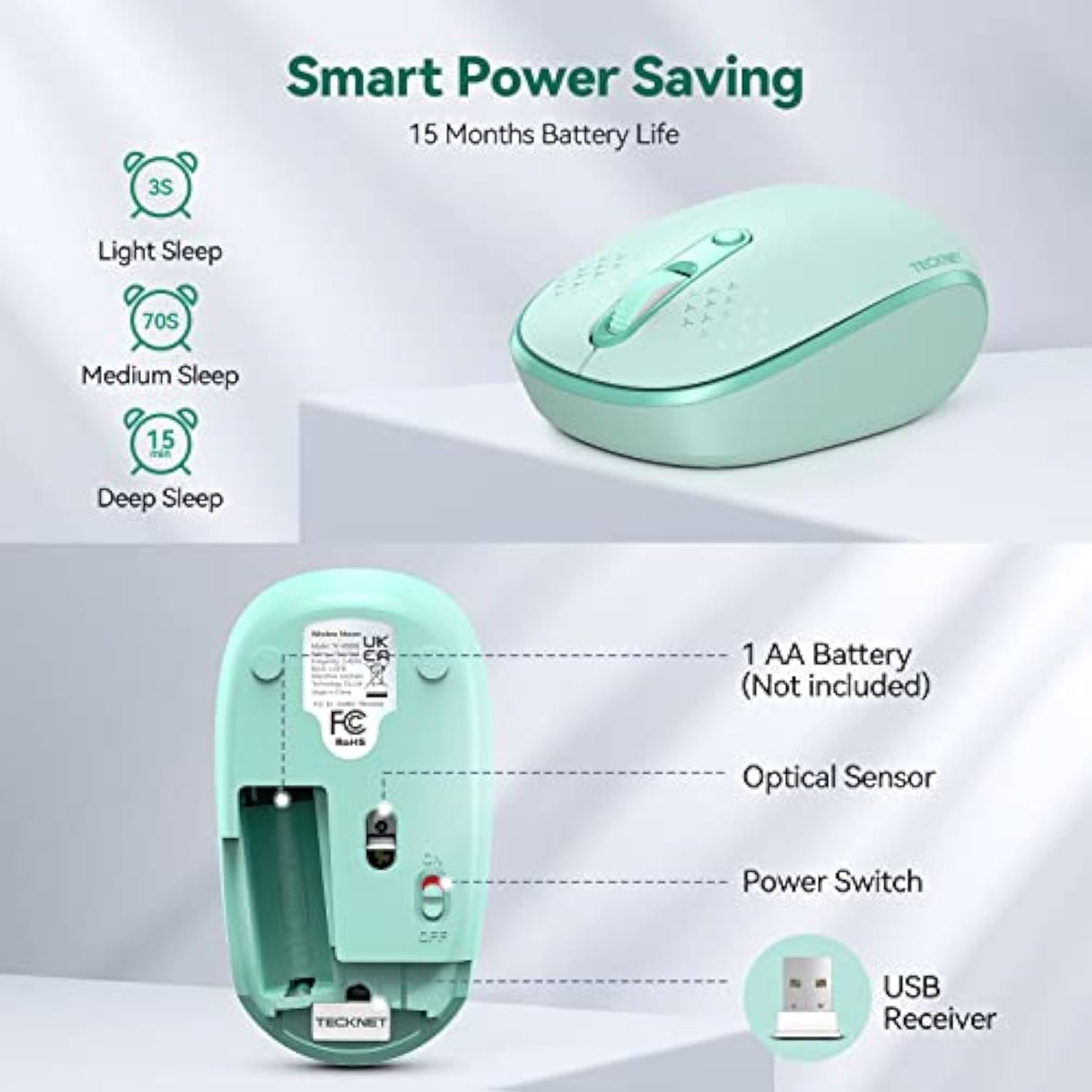 TECKNET Wireless Mouse for Laptop, 2.4G Quiet Computer Mouse with USB Receiver, 4 Buttons Portable Cordless Mice for Chromebook, Laptop, PC, Mac, 800/1200/1600 DPI