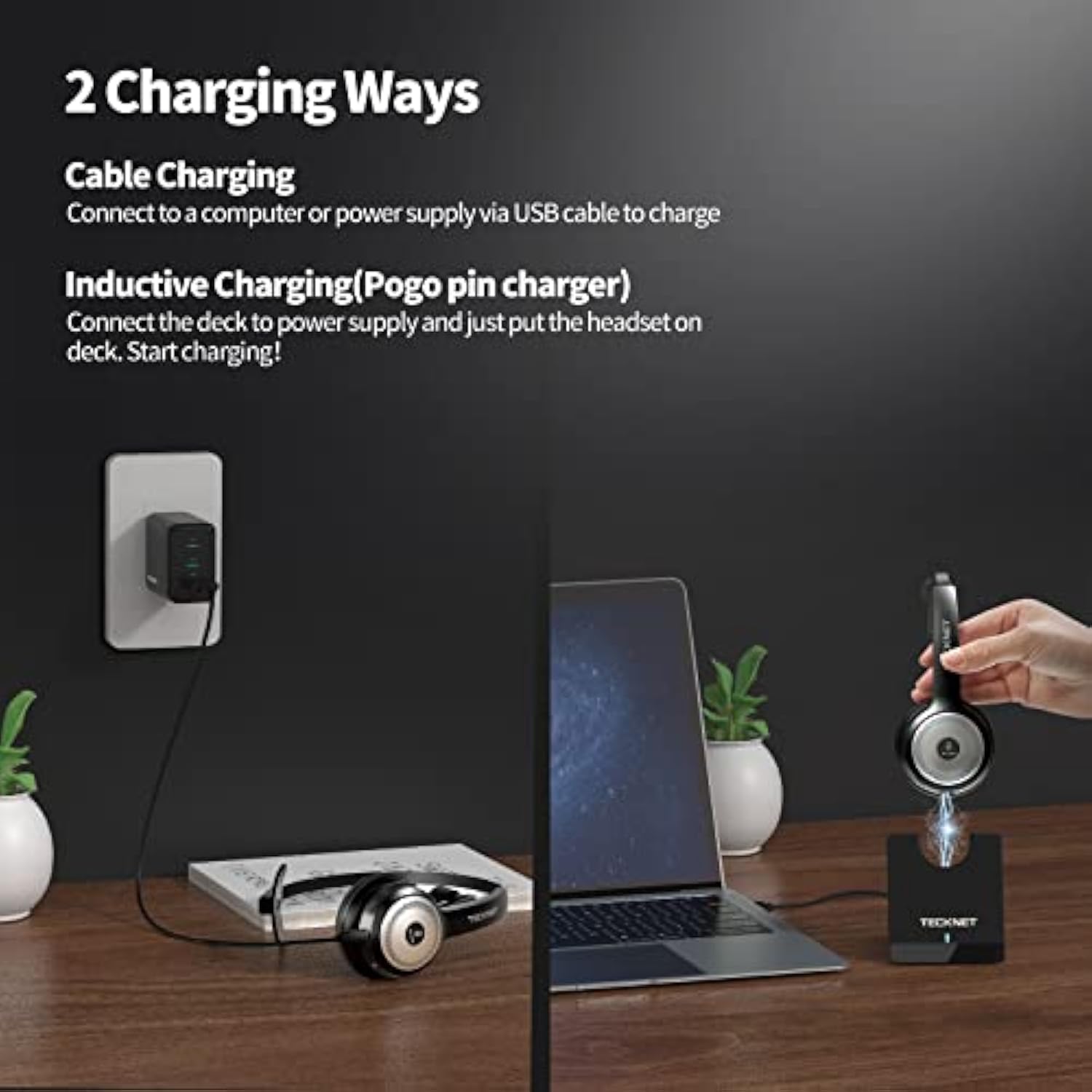 TECKNET Wireless Headset for Work, 40Hrs Worktime AI Noise Cancelling Computer Headphones with Charging Base, Bluetooth Headset with Mic & USB Dongle for PC/Laptop/Call Center