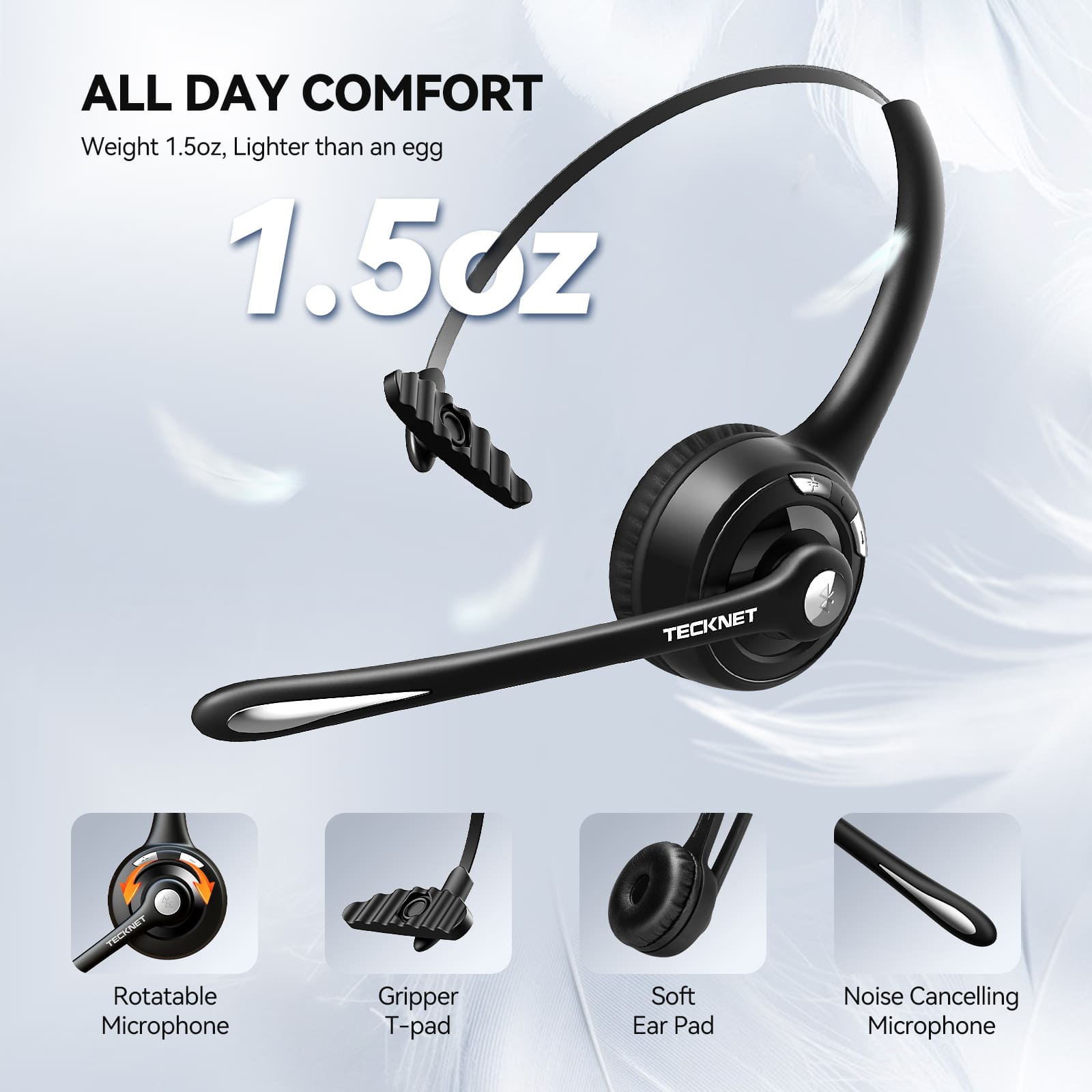 TECKNET Lightweight Wireless Headset With Mic