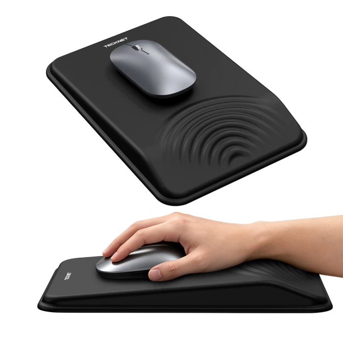 Black mouse pad with a mouse on top and a hand using it, on a white background.