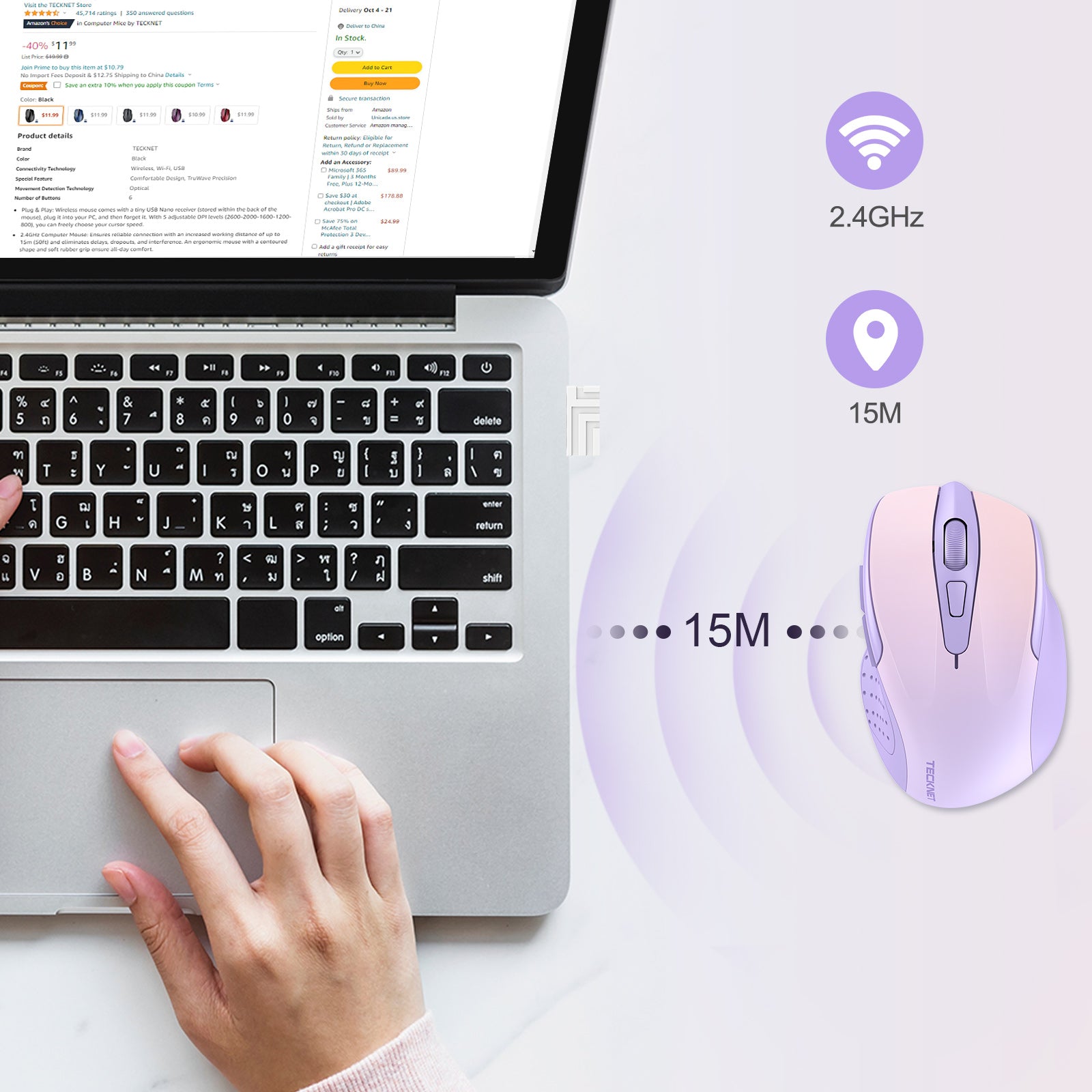 TECKNET Wireless Mouse, 2.4G Ergonomic Optical Mouse, Computer Mouse for Laptop, PC, Computer, Chromebook, Notebook, 6 Buttons, 24 Months Battery Life, 4000 DPI, 6 Adjustment Levels