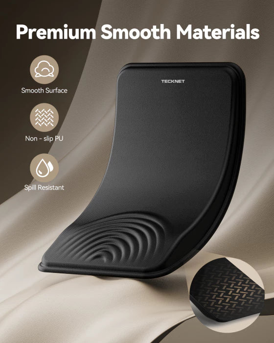 Black phone stand with smooth materials features on a beige background
