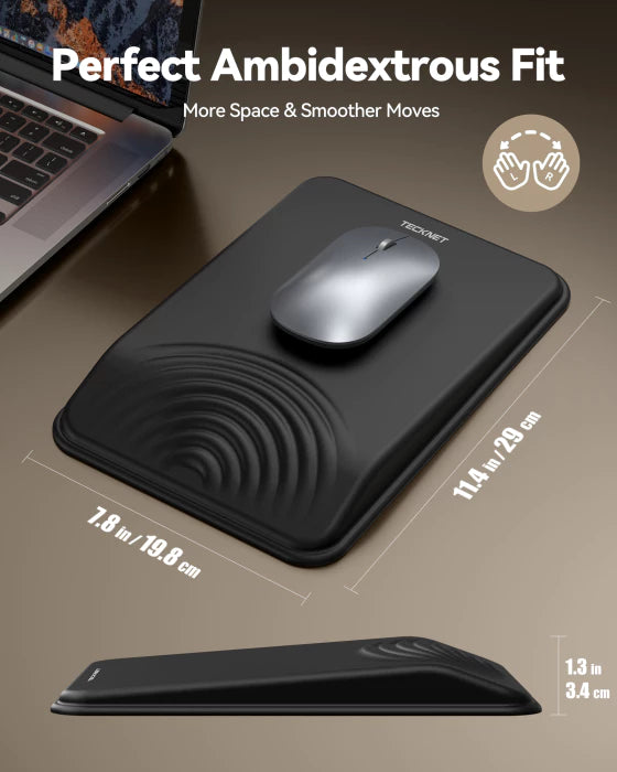 Black mouse pad with a mouse on a desk, featuring text about ambidextrous fit and dimensions.
