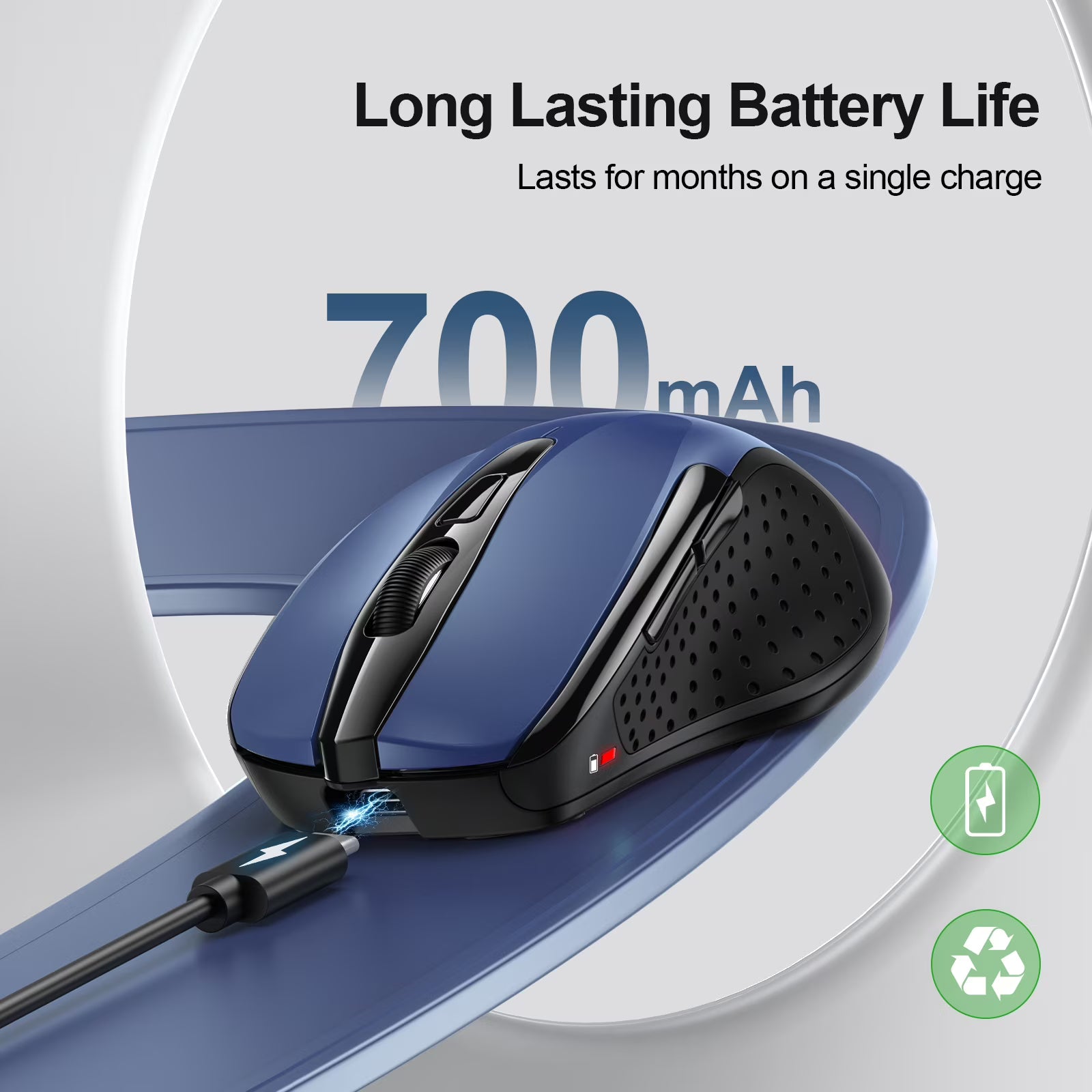 TECKNET Rechargeable Wireless Mouse, 2.4G Silent Quiet Click, 6 Adjustable 4800 DPI, Cordless Computer Mouse, Ergonomic Mouse for Laptop, 6 Buttons USB for Chromebook, Ergo Grip - Blue