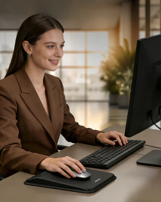 Woman using a computer at a desk in an office setting