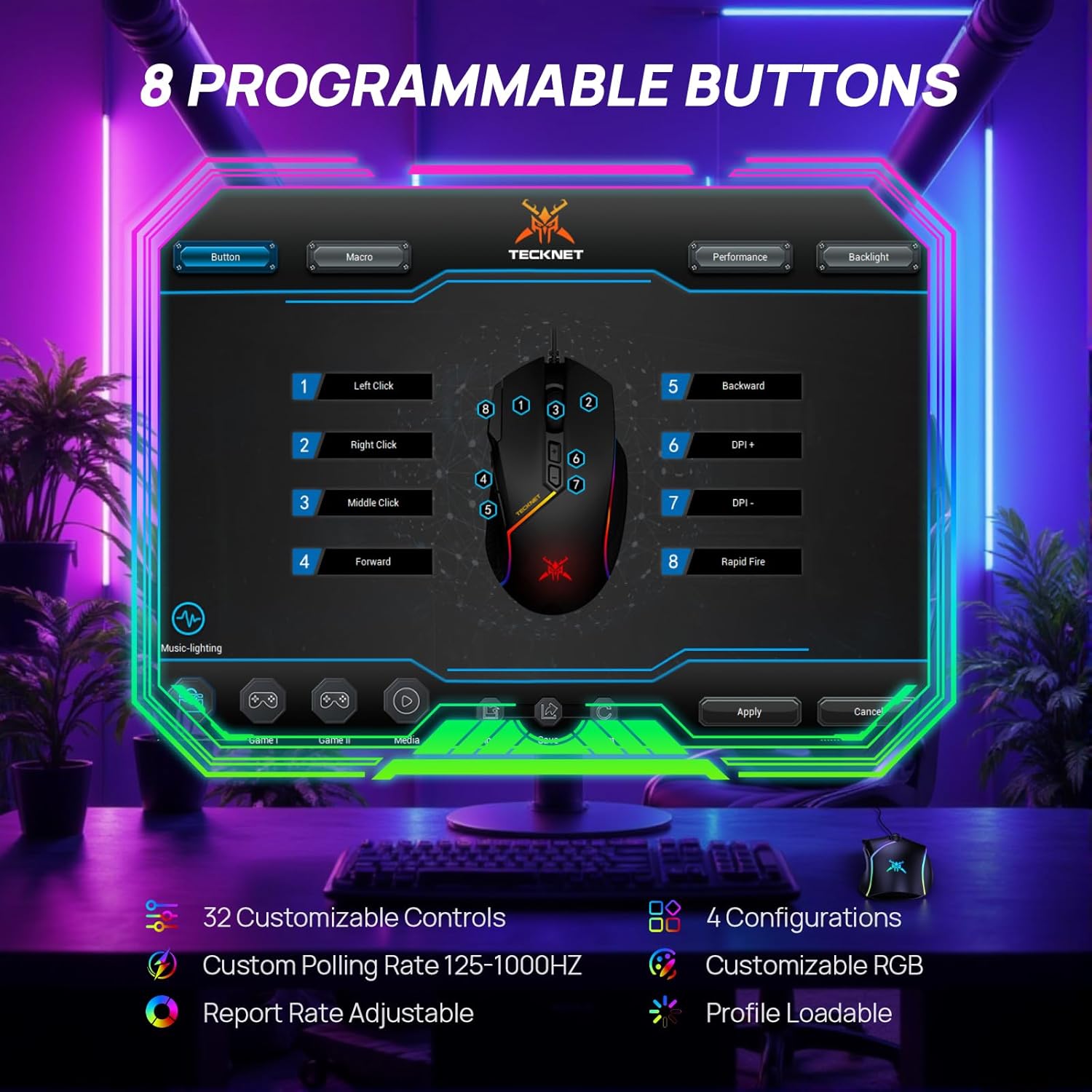 TECKNET Wired Gaming Mouse, 12,800 DPI with Optical Sensor, 8 Programmable Buttons