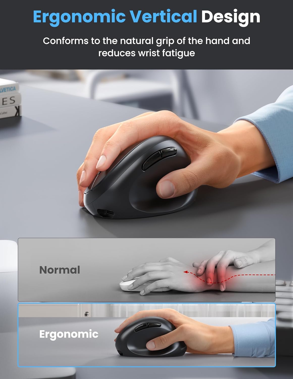TECKNET Ergonomic Mouse, Bluetooth Wireless Vertical Mouse, Rechargeable Battery, Quiet Clicks, 4800 DPI Adjustable