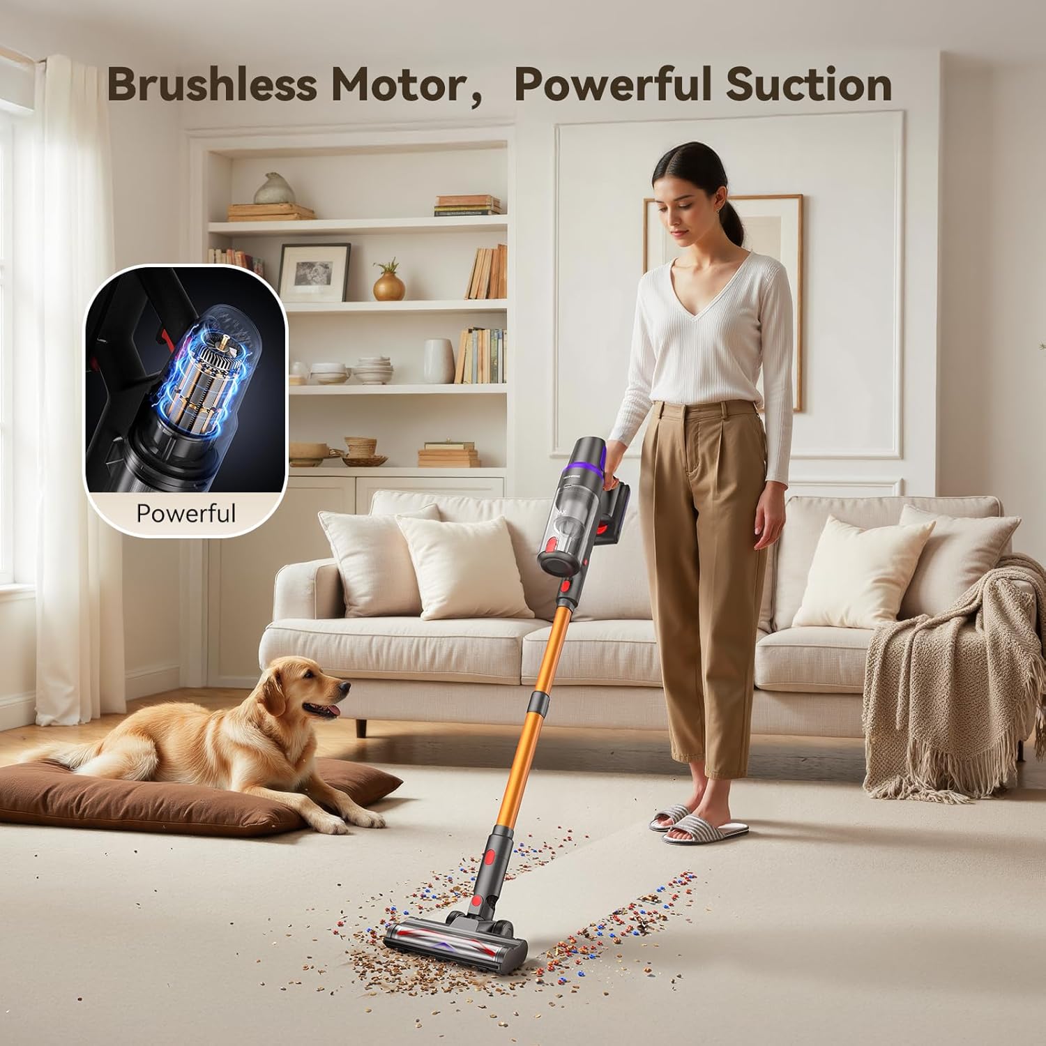 TechRise Cordless Vacuum Cleaner, 500W/45Kpa Stick Vacuum for Home, Anti-Tangle Brush & 8-in-1 Self-Standing, Up to 60Mins Runtime Lightweight with LED Display for Hardwood Floor,Carpet,Pet Hair
