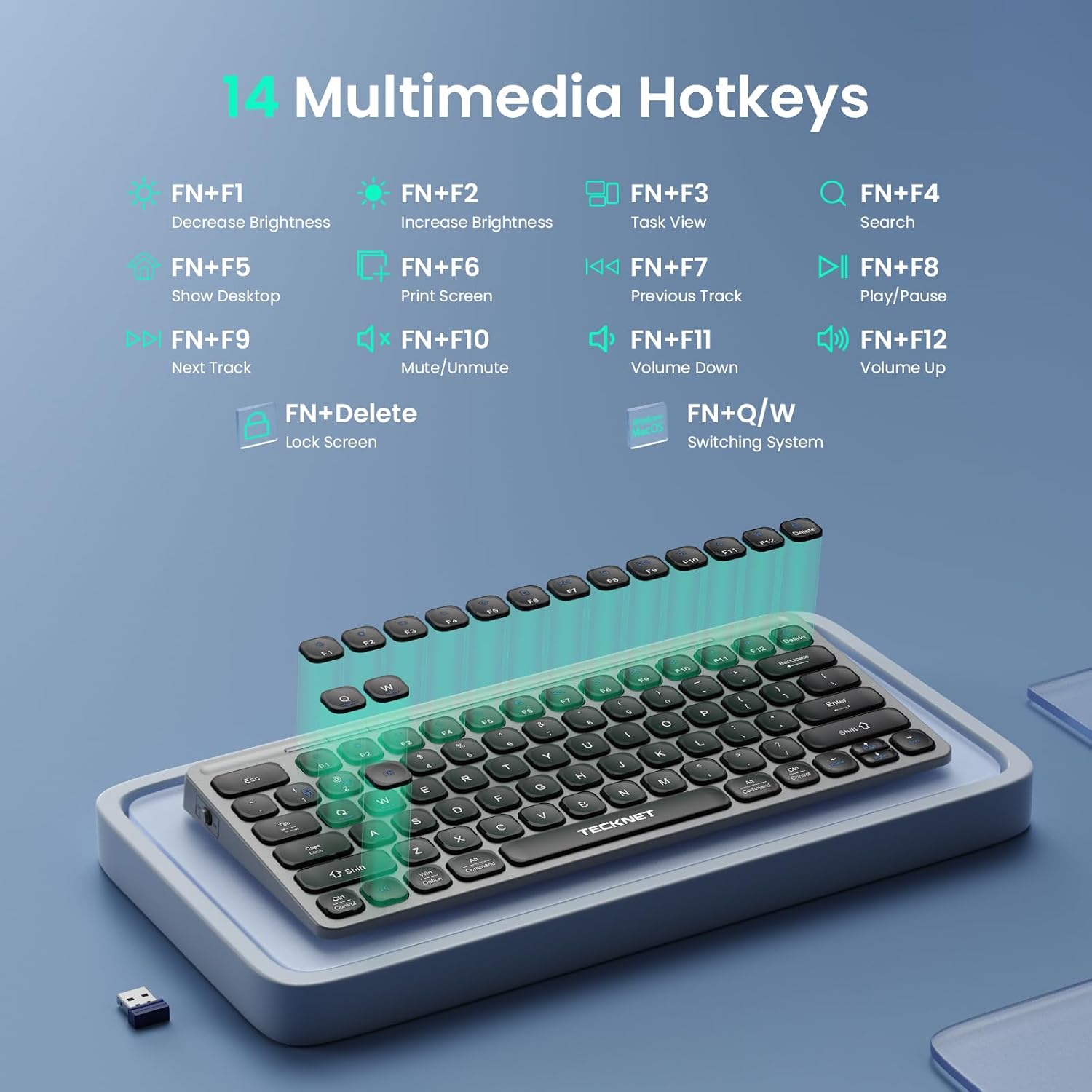 TECKNET Wireless Bluetooth Keyboard, Slim Rechargeable Keyboard (2.4G+BT 5.0)