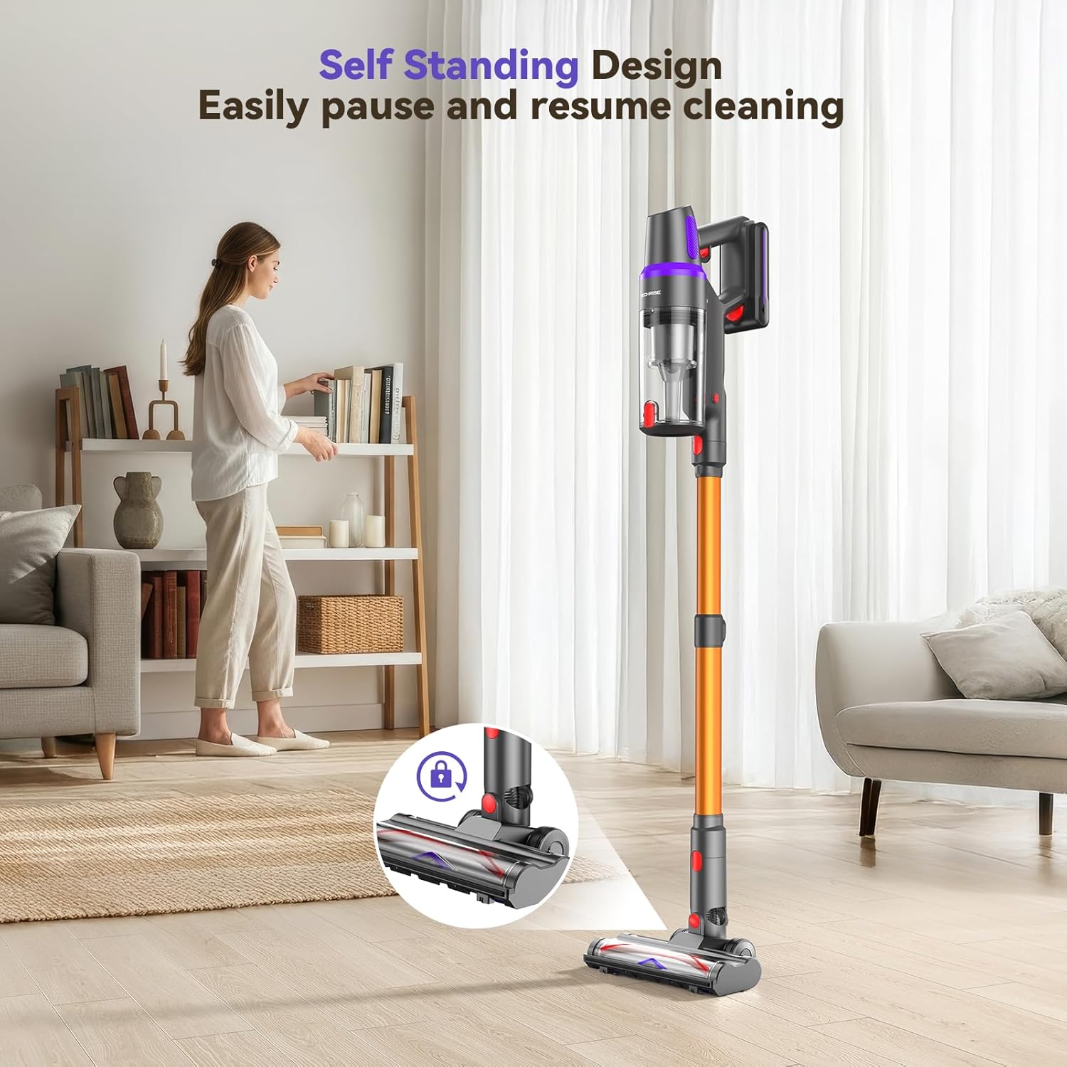 TechRise Cordless Vacuum Cleaner, 500W/45Kpa Stick Vacuum for Home, Anti-Tangle Brush & 8-in-1 Self-Standing, Up to 60Mins Runtime Lightweight with LED Display for Hardwood Floor,Carpet,Pet Hair
