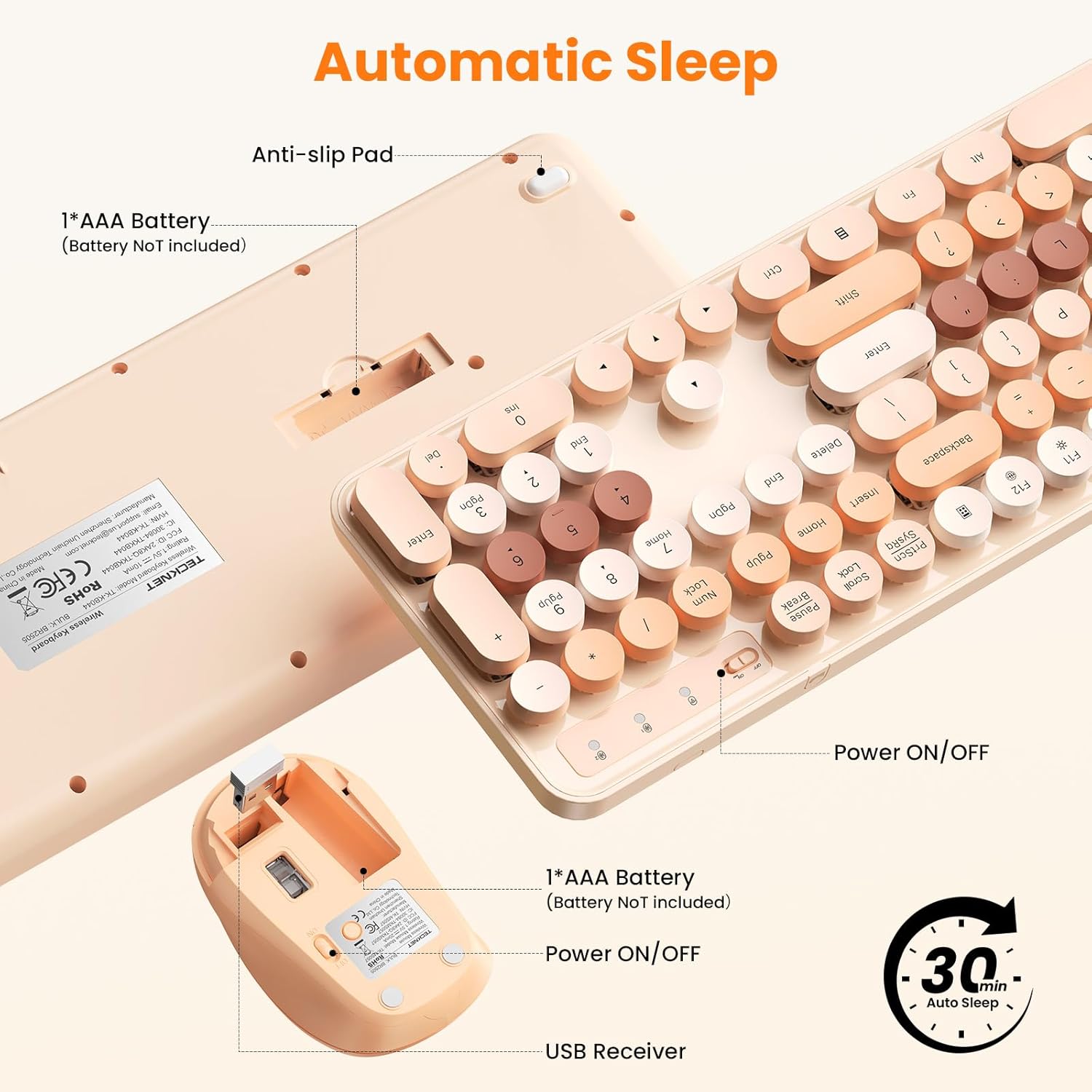 TECKNET Colorful Wireless Keyboard and Mouse Combo