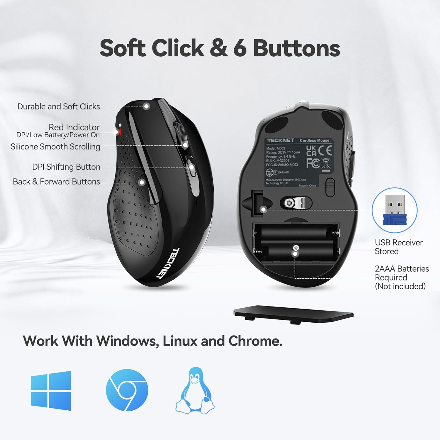 TECKNET Wireless Mouse, 2.4G Ergonomic Optical Mouse, Computer Mouse for Laptop, PC, Computer, Chromebook, Notebook, 6 Buttons, 24 Months Battery Life, 2600 DPI, 5 Adjustment Levels, for Small Hand