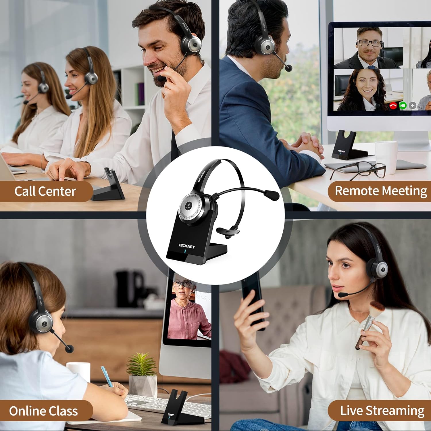TECKNET Wireless Headset for Work, 40Hrs Worktime AI Noise Cancelling Computer Headphones with Charging Base, Bluetooth Headset with Mic & USB Dongle for PC/Laptop/Call Center