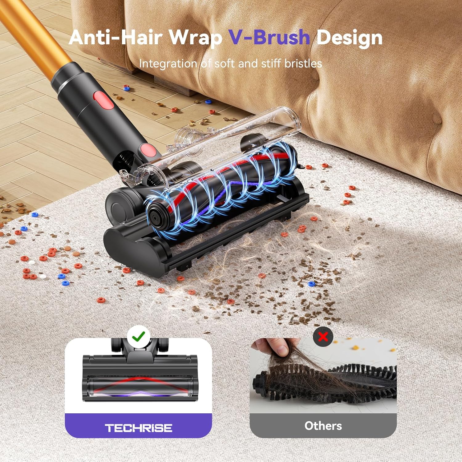 TechRise Cordless Vacuum Cleaner, 500W/45Kpa Stick Vacuum for Home, Anti-Tangle Brush & 8-in-1 Self-Standing, Up to 60Mins Runtime Lightweight with LED Display for Hardwood Floor,Carpet,Pet Hair