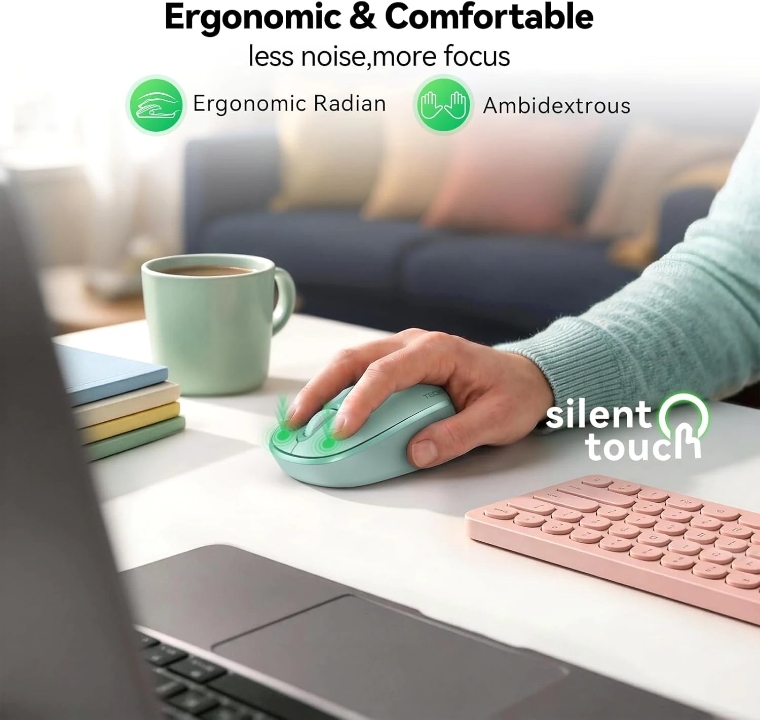 TECKNET Wireless Mouse, 2.4G Quiet Computer Mouse with USB Receiver, 4 Buttons Portable Cordless Mice for Chromebook, Laptop, PC, Mac, 800/1200/1600 DPI