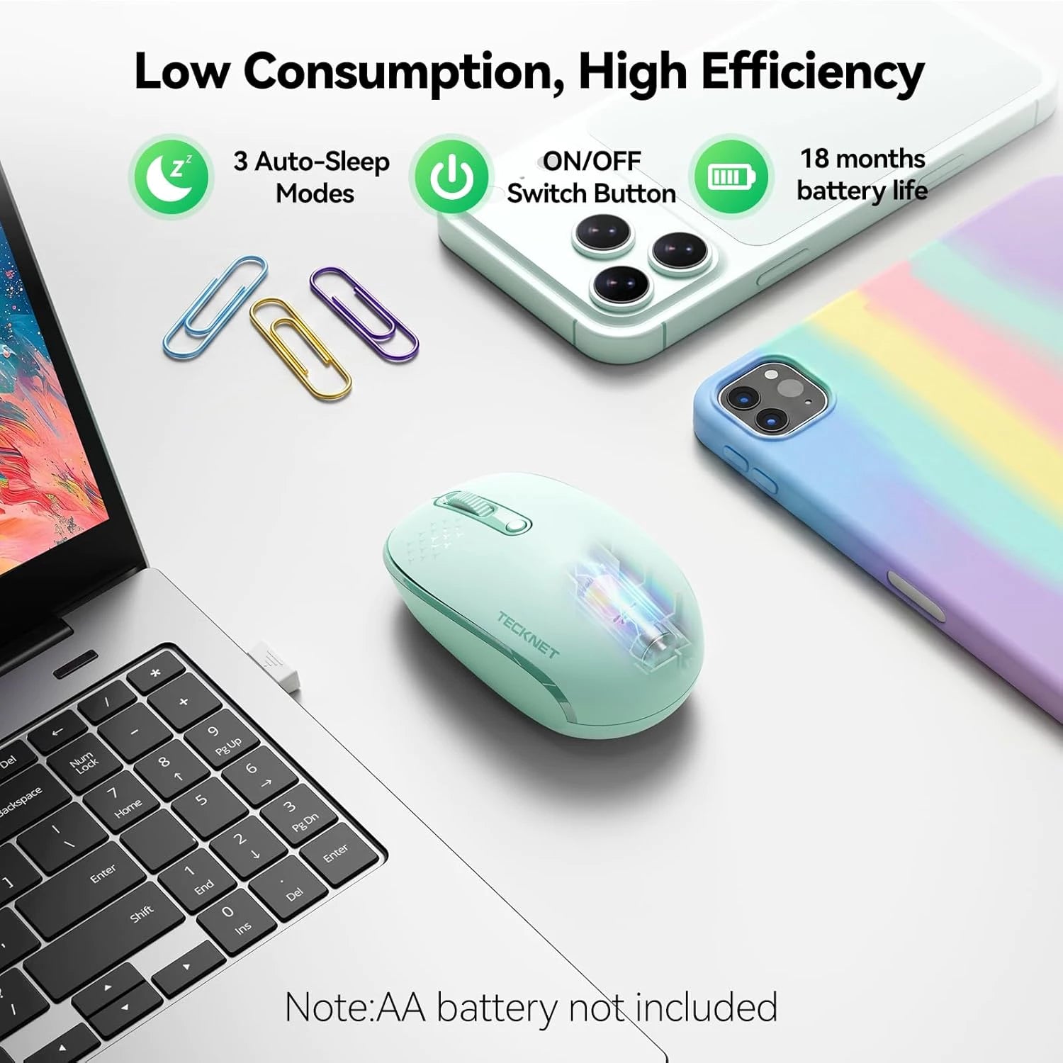 TECKNET Wireless Mouse, 2.4G Quiet Computer Mouse with USB Receiver, 4 Buttons Portable Cordless Mice for Chromebook, Laptop, PC, Mac, 800/1200/1600 DPI