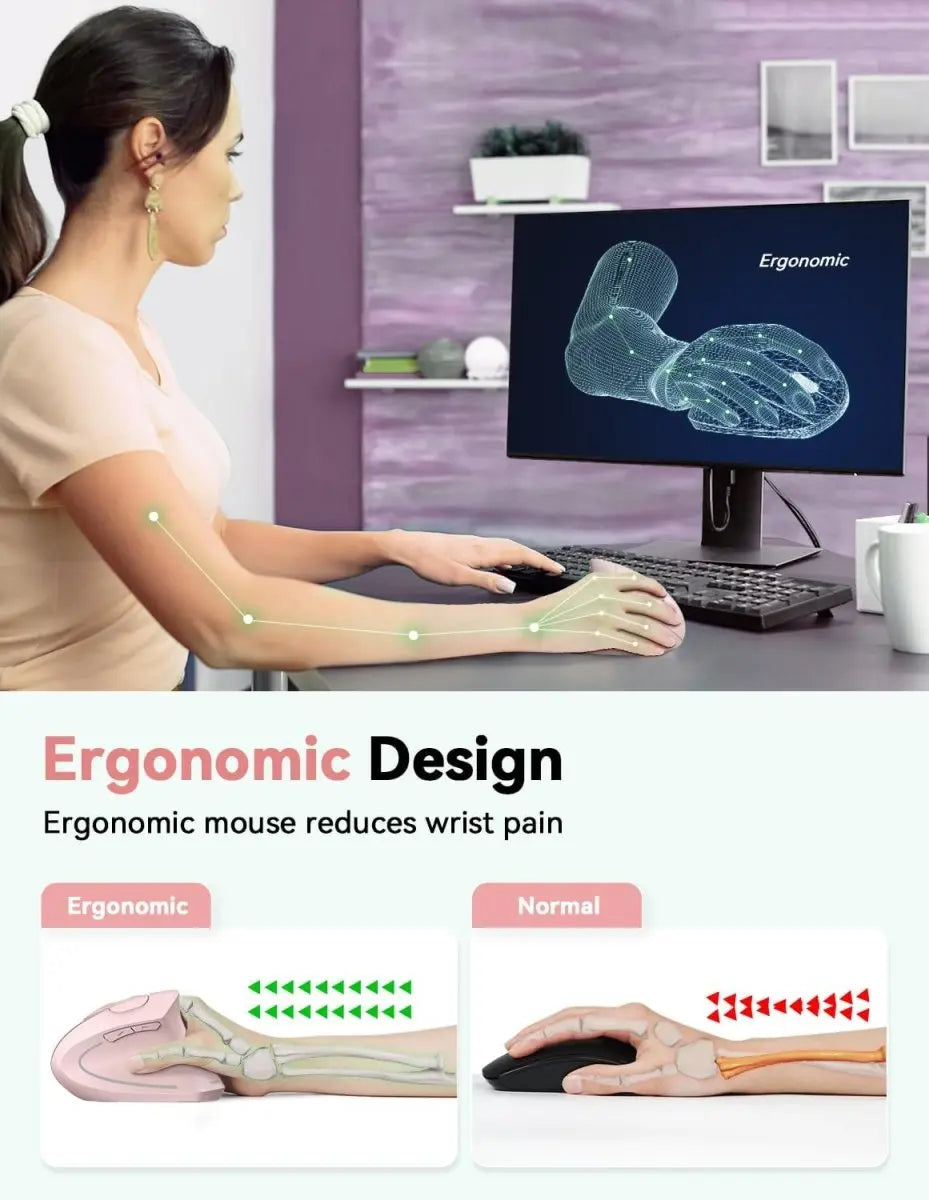 TECKNET Ergonomic Mouse, Rechargeable 2.4G+Bluetooth Vertical Mice 6 DPI Adjustable, Wireless Optical Carpal Tunnel Mouse Right Hand, Multi Device for Laptop, PC, Computer, MacBook, iPad - Pink